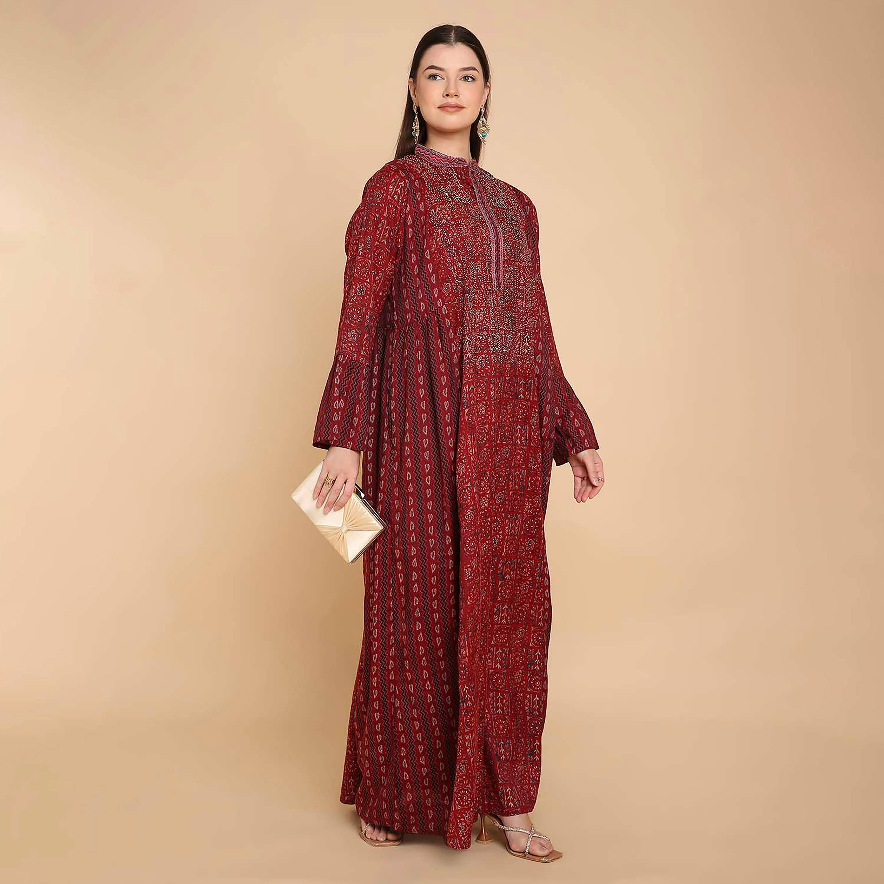 جلابية نسائية مطبوعة بياقة ماندارين وأكمام جرس من هناأندسارة-women-arabicclothing-jalabiyas-image-4