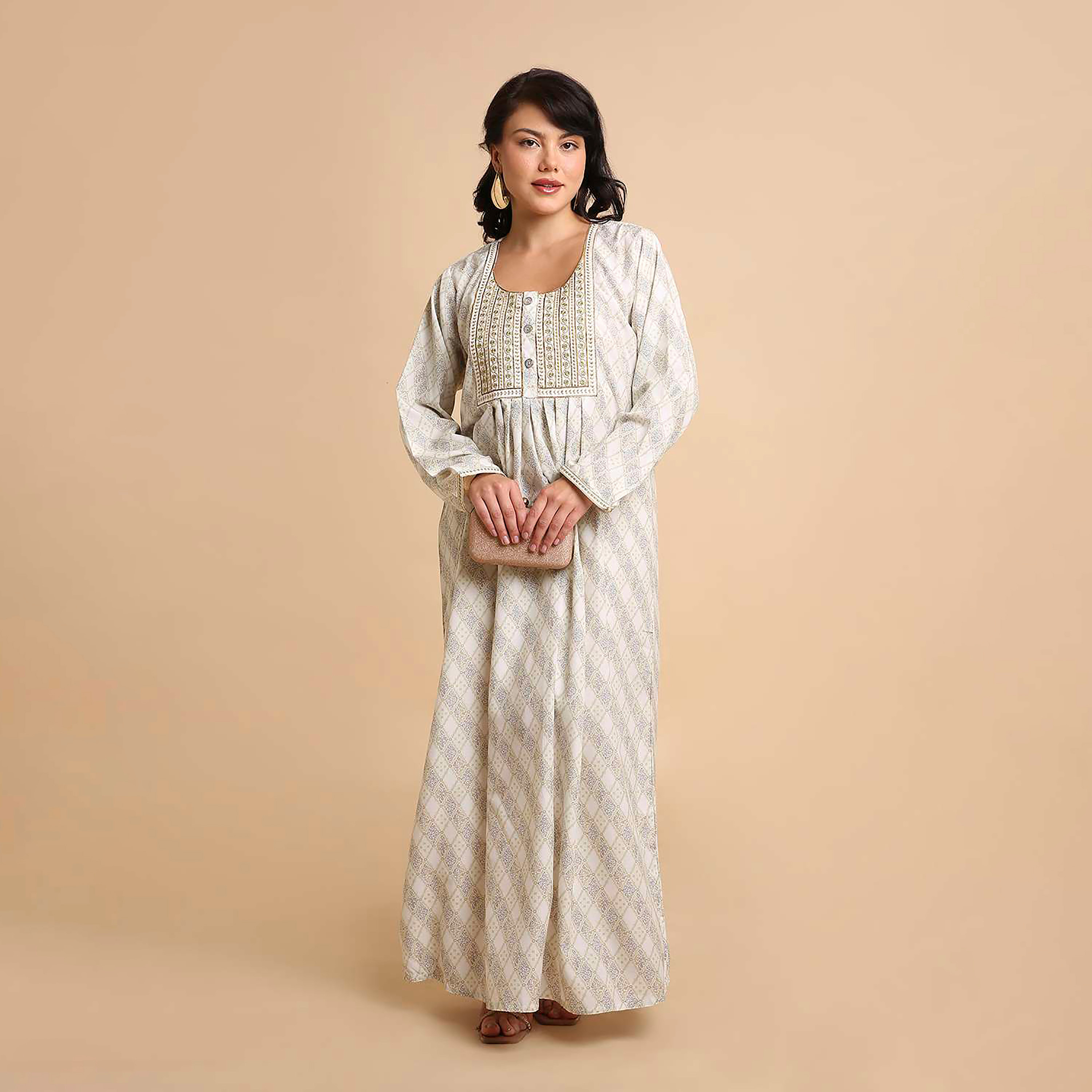 HanaandSara Geometric Print Embroidered Yoke Women's Jalabiya-women-arabicclothing-jalabiyas-image-1