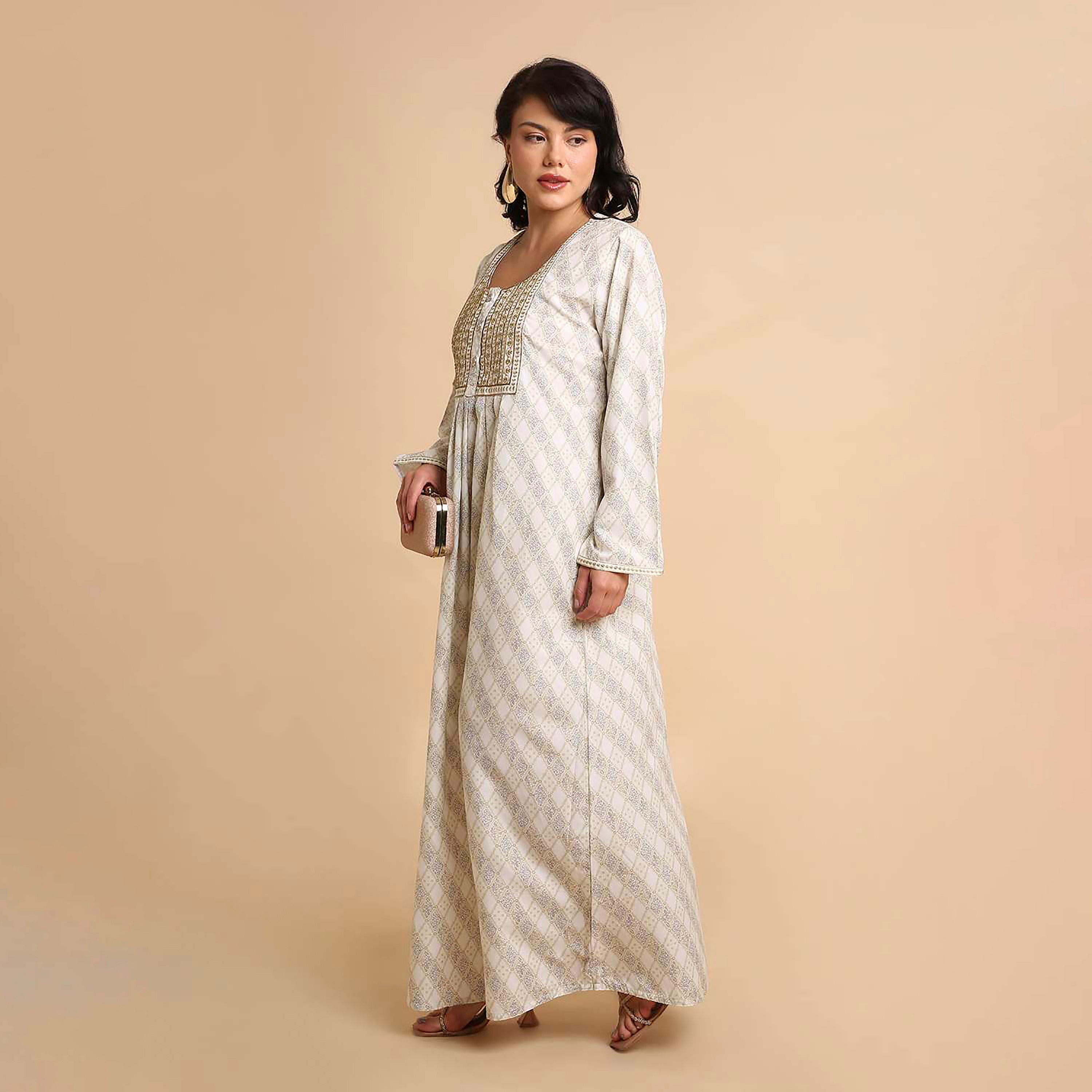 HanaandSara Geometric Print Embroidered Yoke Women's Jalabiya-women-arabicclothing-jalabiyas-image-3