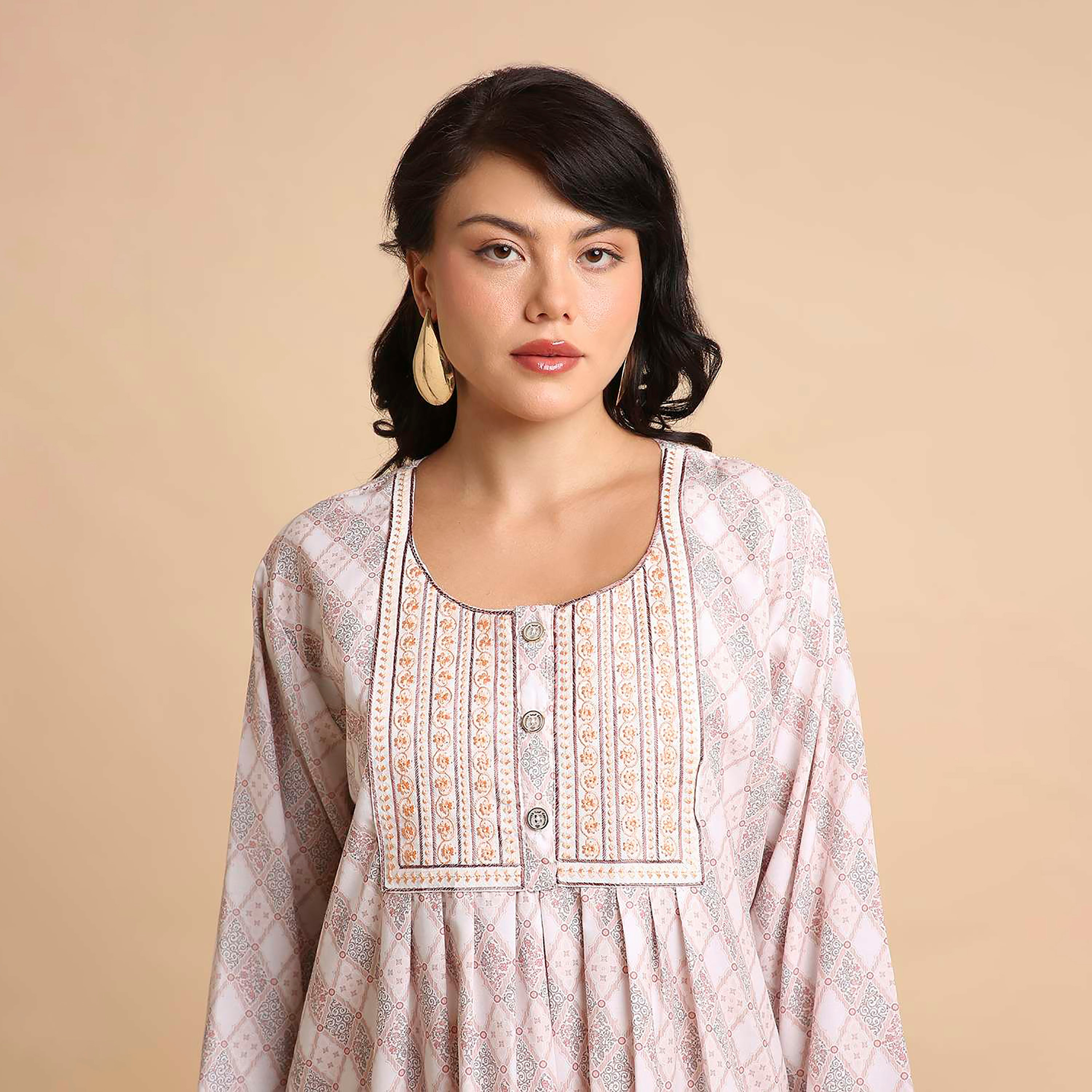 HanaandSara Geometric Print Embroidered Yoke Women's Jalabiya-women-arabicclothing-jalabiyas-image-2