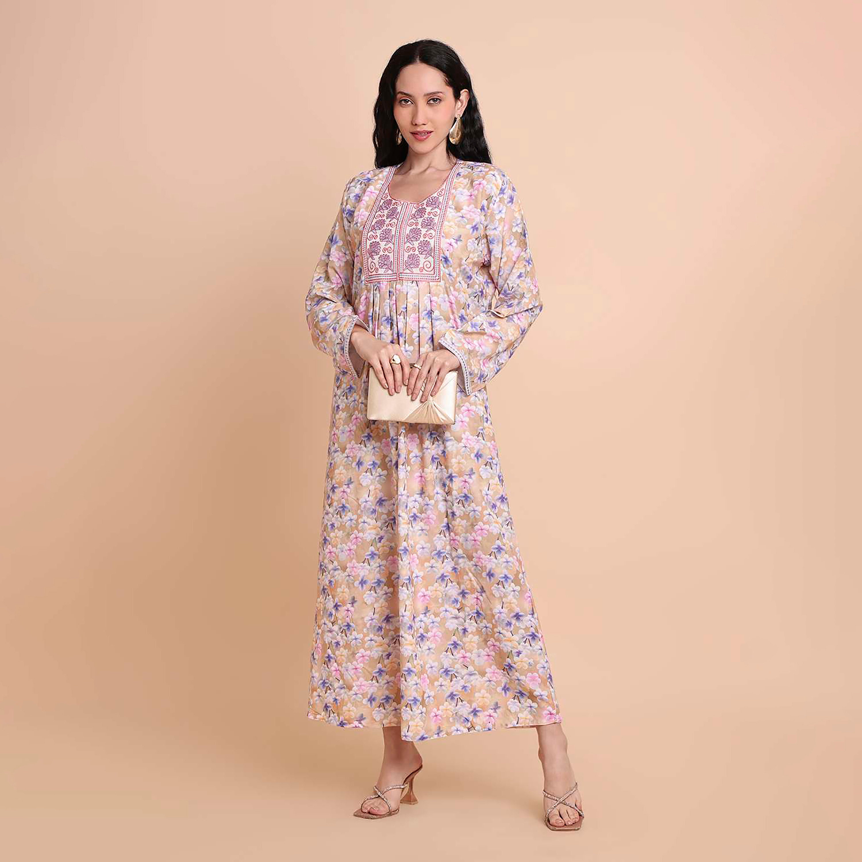 HanaandSara Floral Print Embroidered Yoke Women's Jalabiya-women-arabicclothing-jalabiyas-image-5