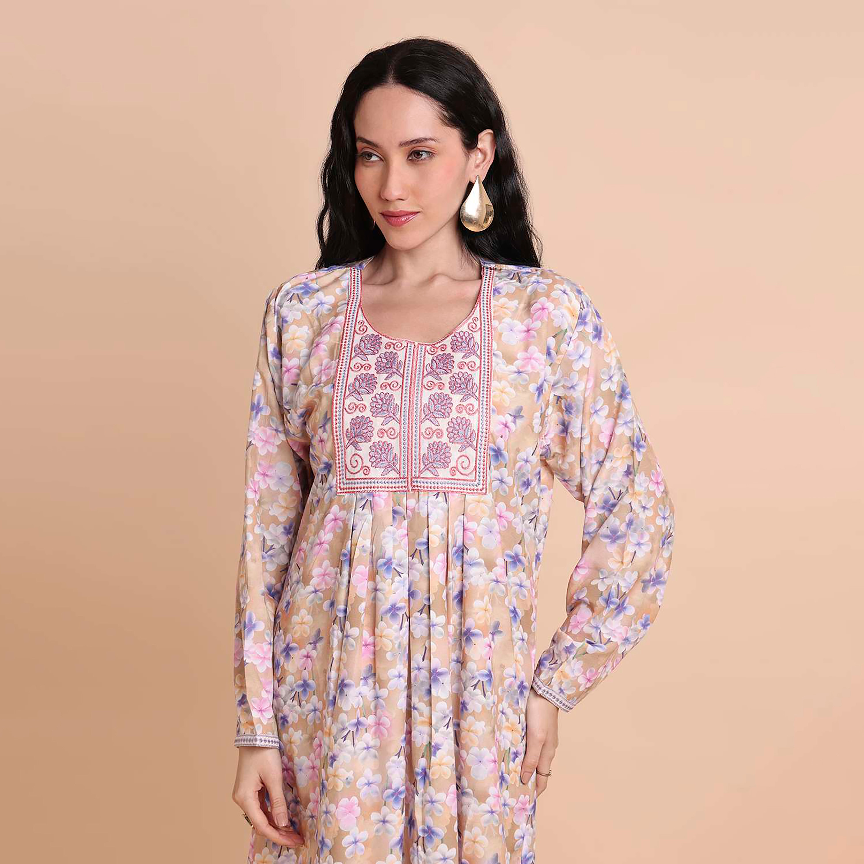 HanaandSara Floral Print Embroidered Yoke Women's Jalabiya-women-arabicclothing-jalabiyas-image-6
