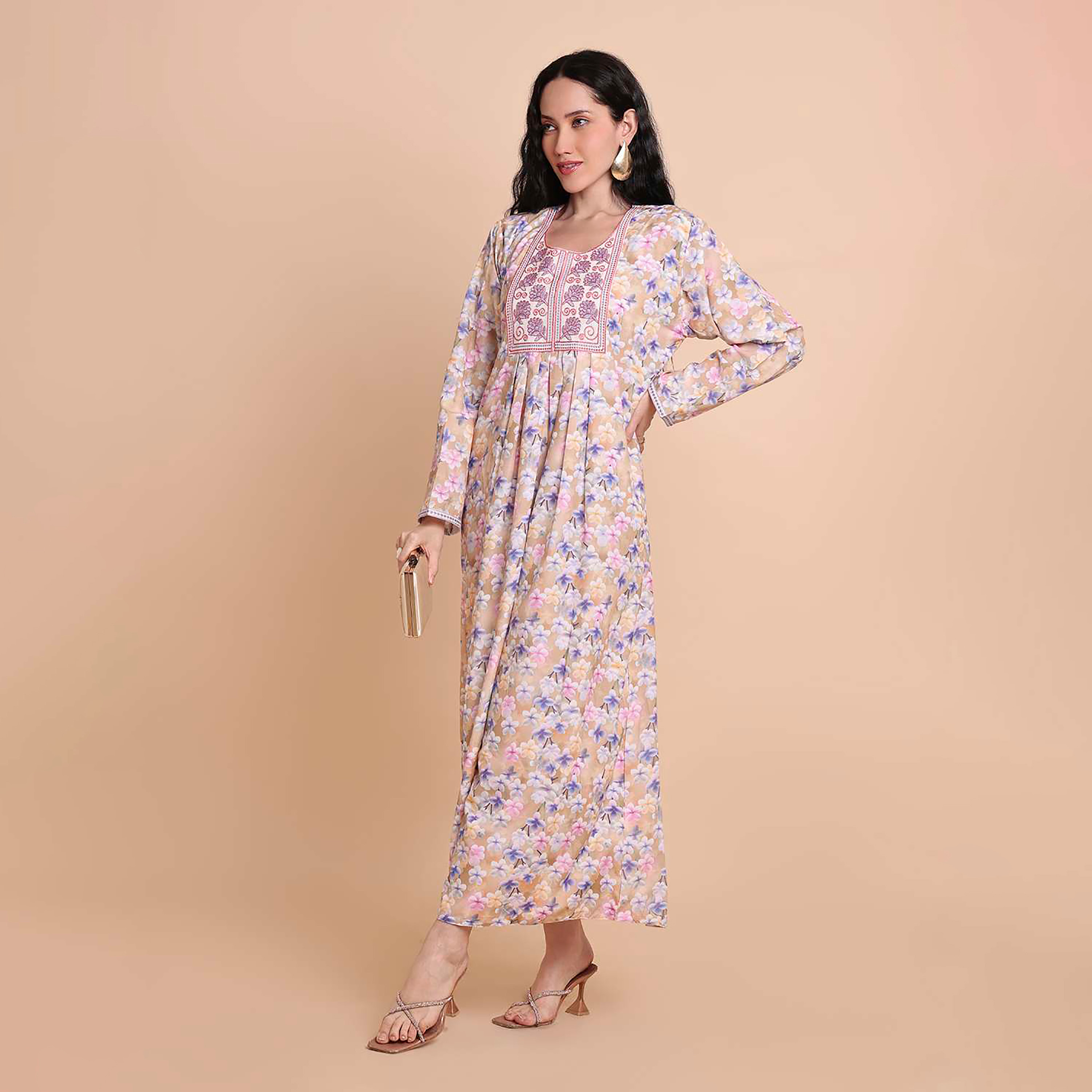 HanaandSara Floral Print Embroidered Yoke Women's Jalabiya-women-arabicclothing-jalabiyas-image-7