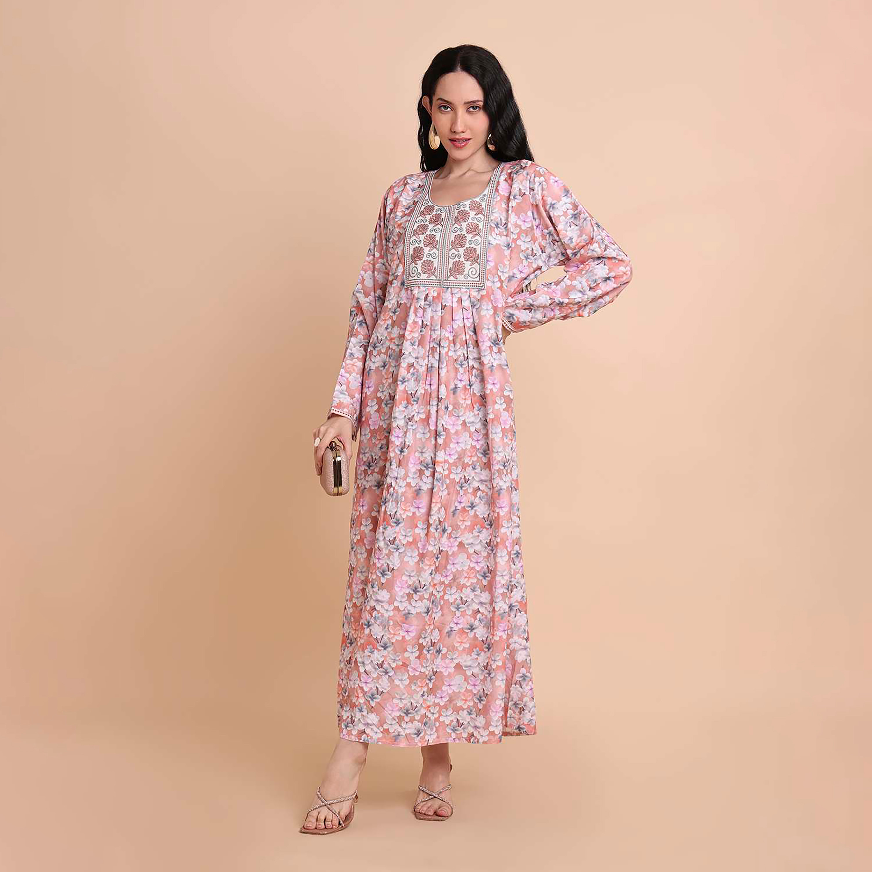 HanaandSara Floral Print Embroidered Yoke Women's Jalabiya-women-arabicclothing-jalabiyas-image-5