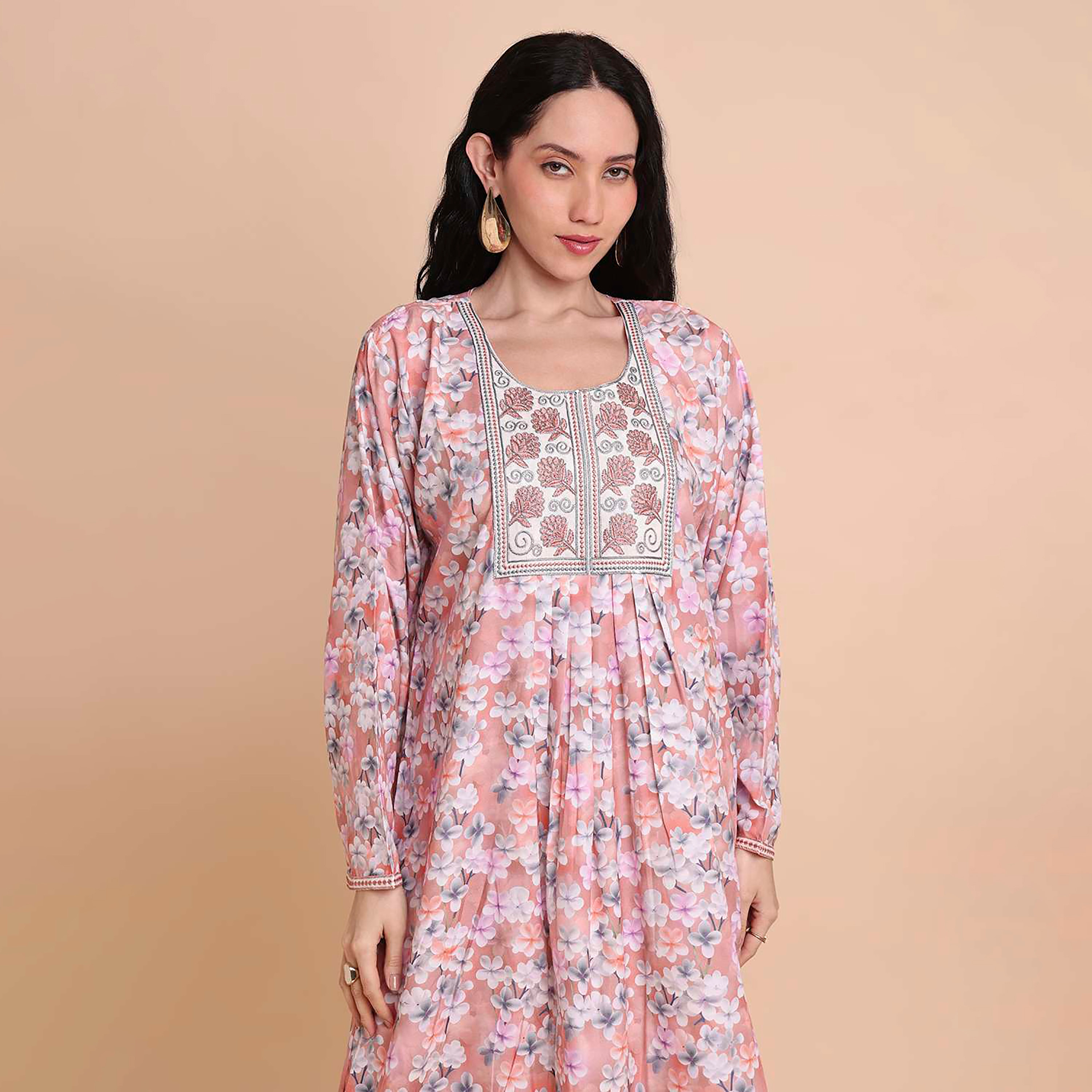 HanaandSara Floral Print Embroidered Yoke Women's Jalabiya-women-arabicclothing-jalabiyas-image-1