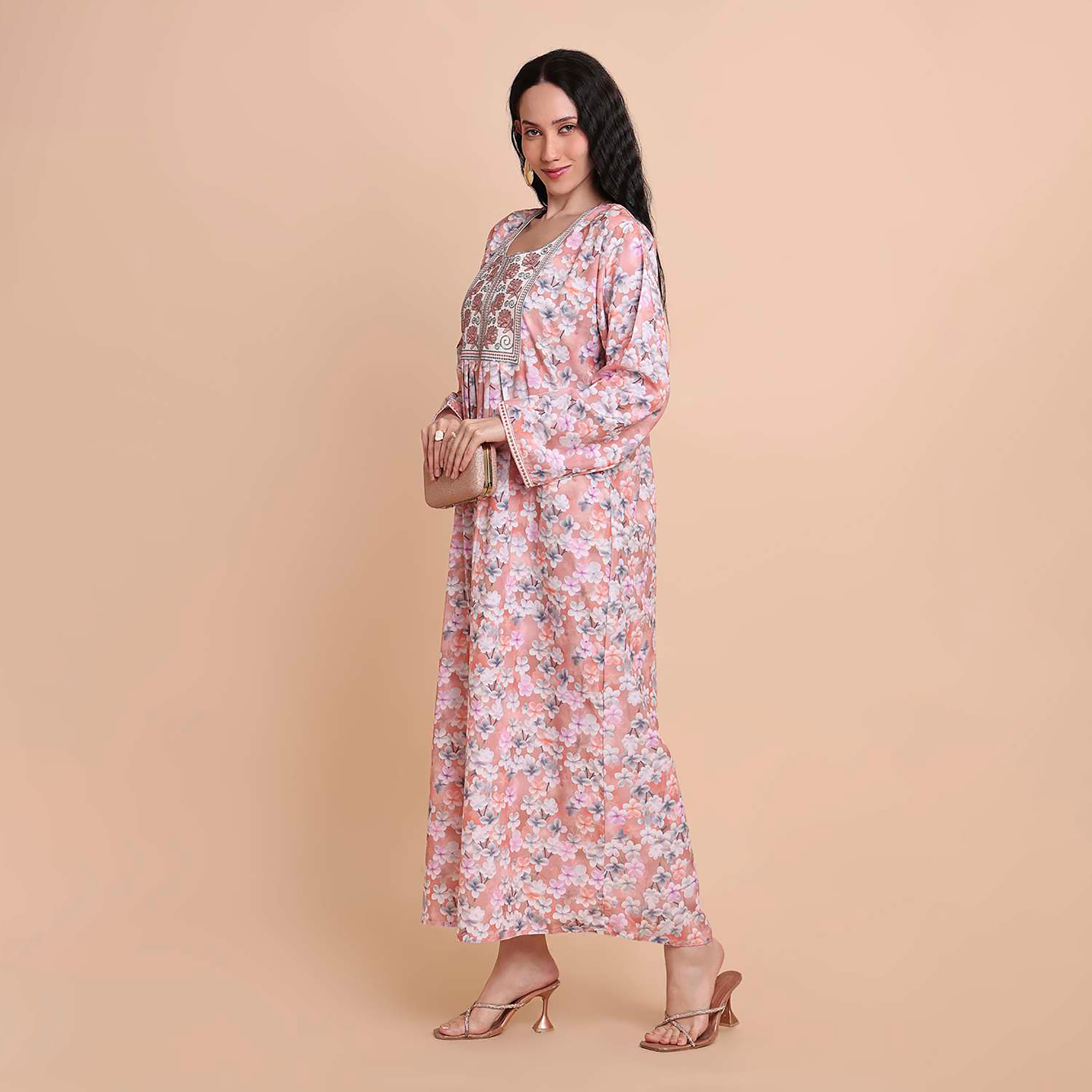 HanaandSara Floral Print Embroidered Yoke Women's Jalabiya-women-arabicclothing-jalabiyas-image-2