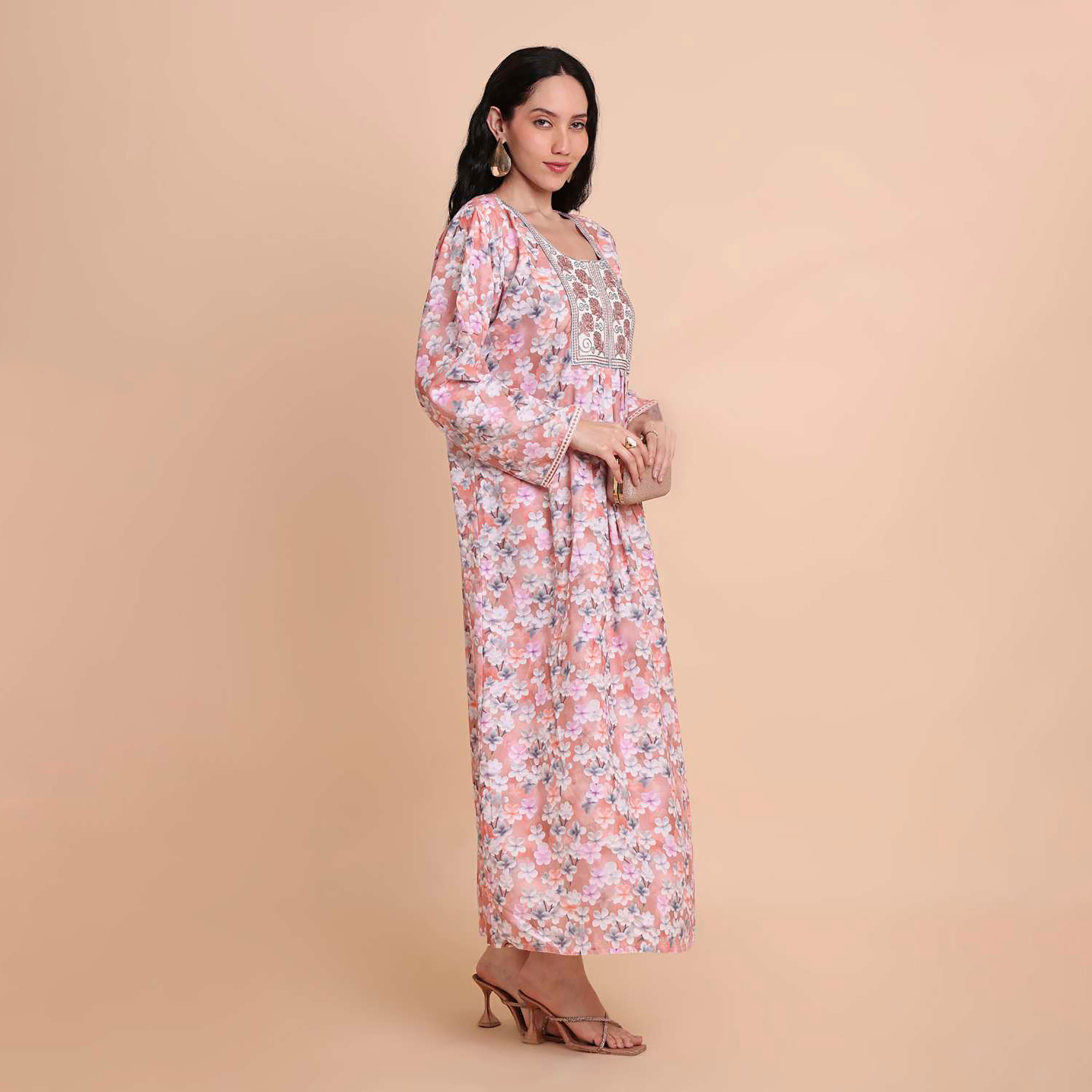 HanaandSara Floral Print Embroidered Yoke Women's Jalabiya-women-arabicclothing-jalabiyas-image-3
