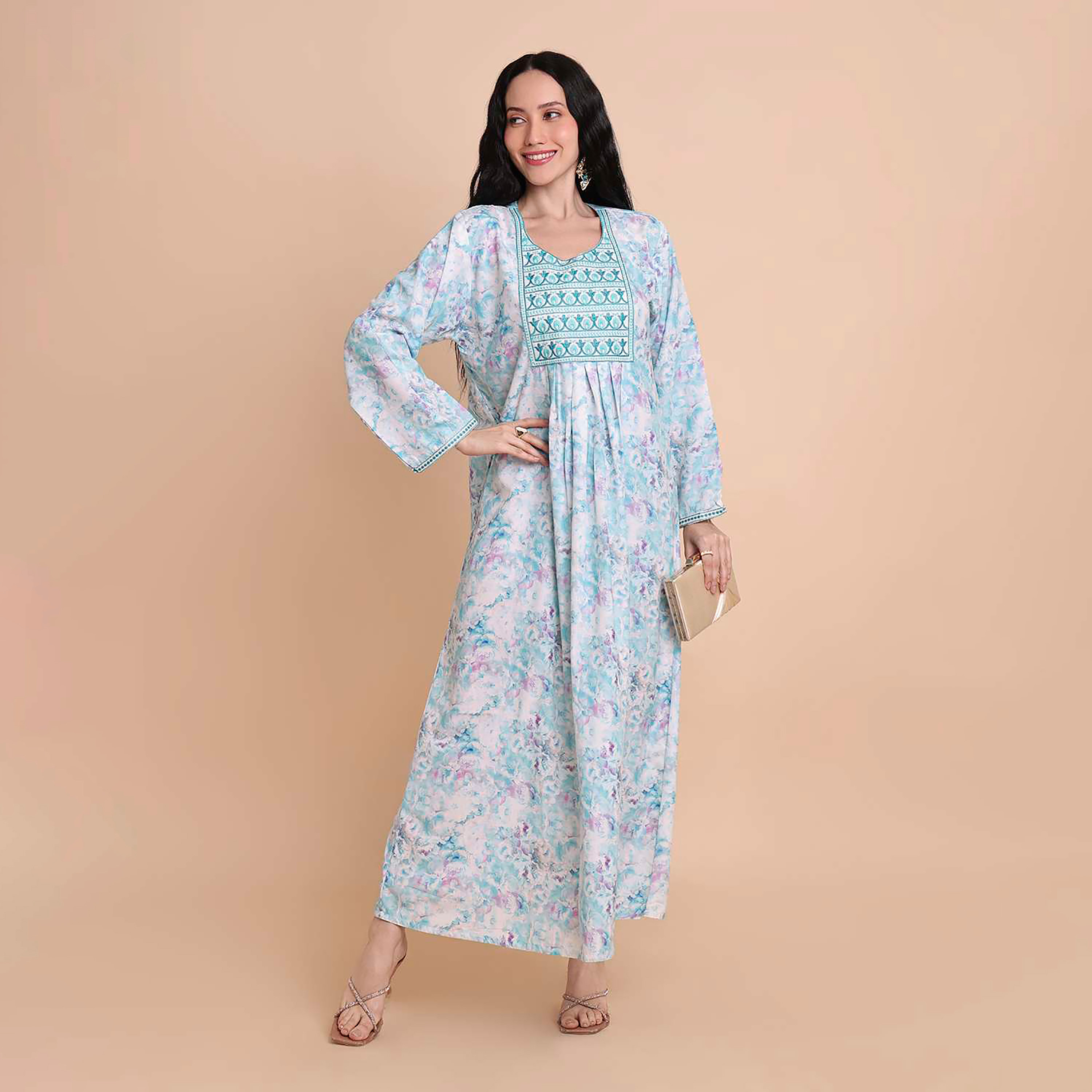 HanaandSara Floral Print Embroidered Yoke Women's Jalabiya-women-arabicclothing-jalabiyas-image-6