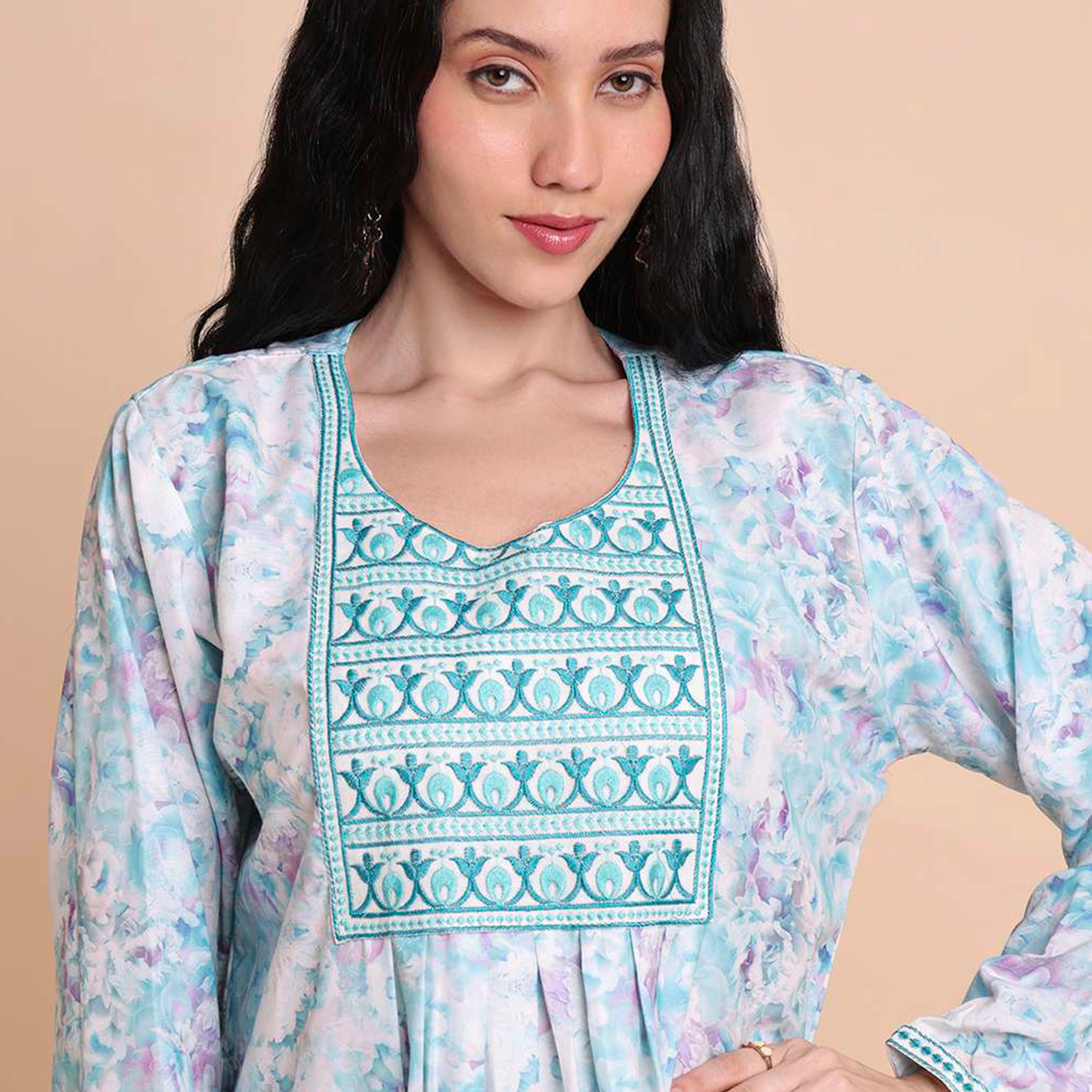 HanaandSara Floral Print Embroidered Yoke Women's Jalabiya-women-arabicclothing-jalabiyas-image-7