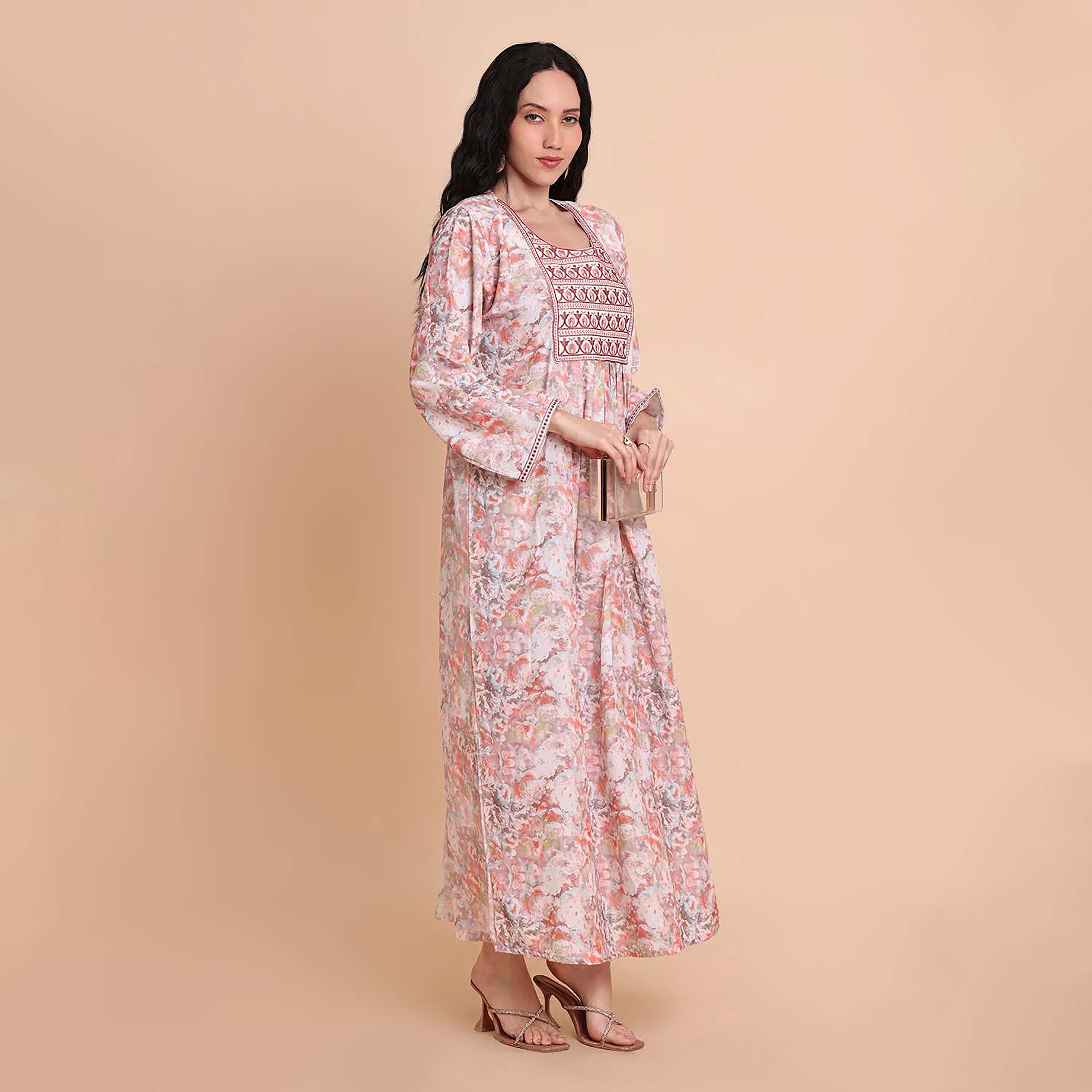 HanaandSara Floral Print Embroidered Yoke Women's Jalabiya-women-arabicclothing-jalabiyas-image-4