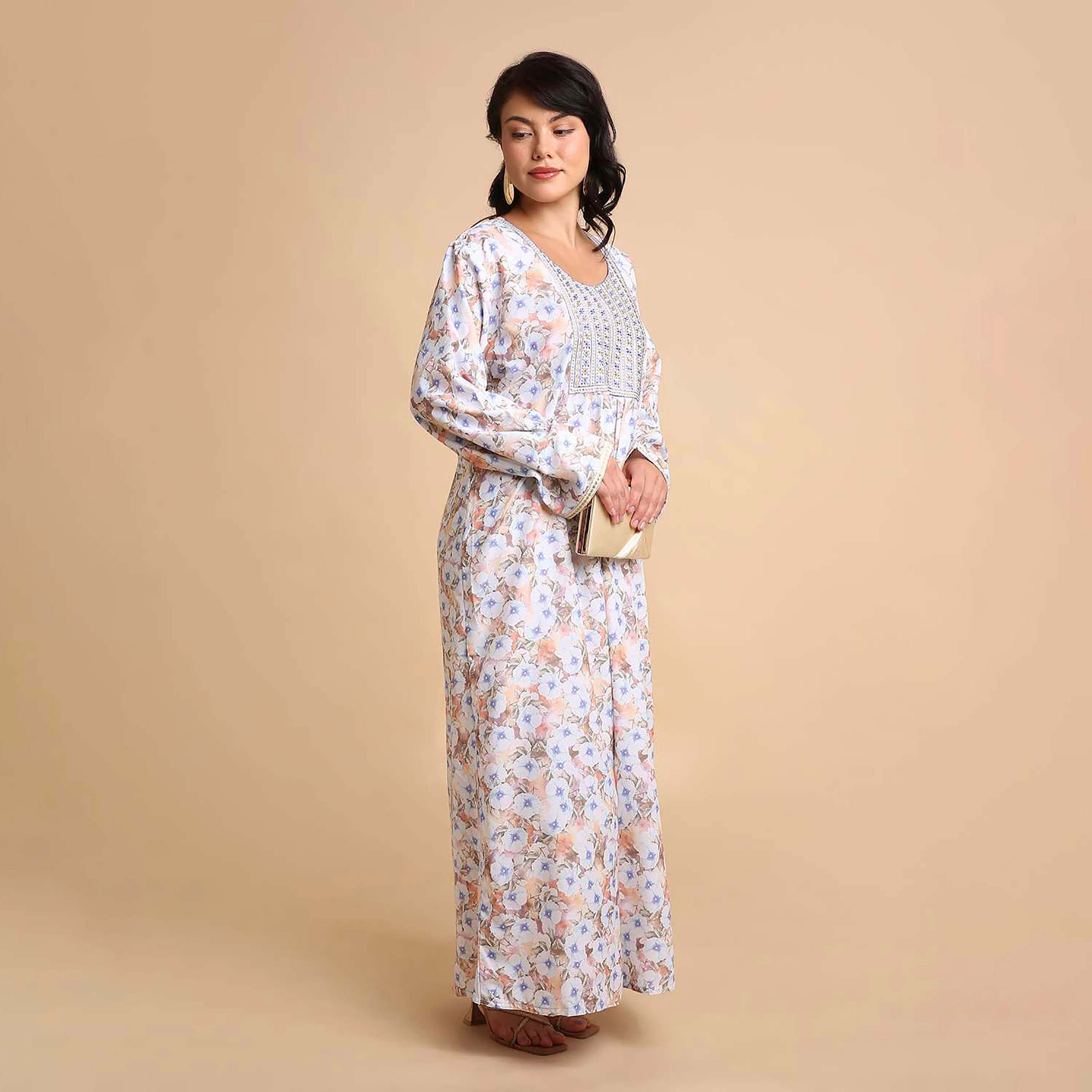 HanaandSara Floral Print Embroidered Yoke Women's Jalabiya-women-arabicclothing-jalabiyas-image-4