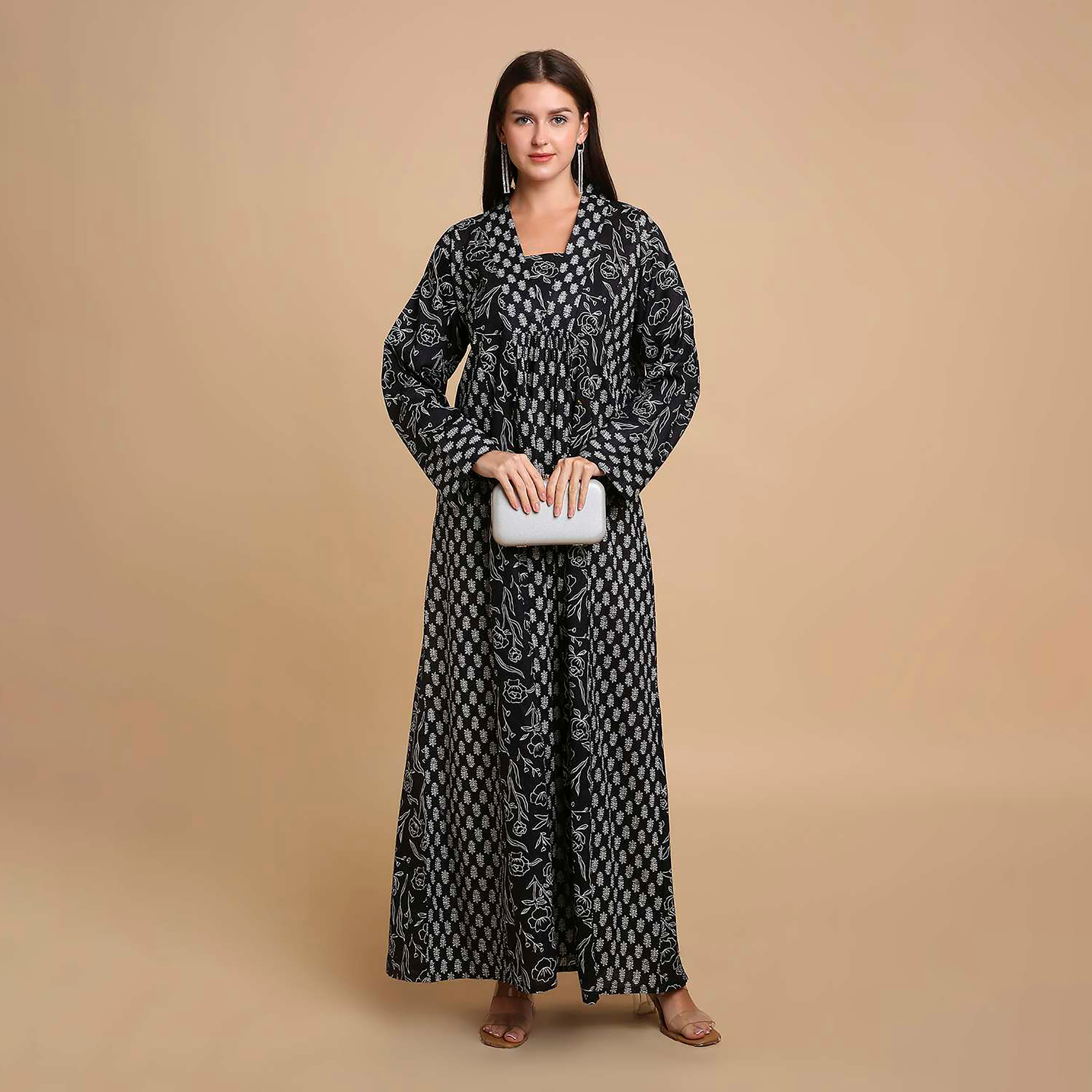 HanaandSara Floral Booti Print Square Neck Cotton Women's Jalabiya-women-arabicclothing-jalabiyas-image-16