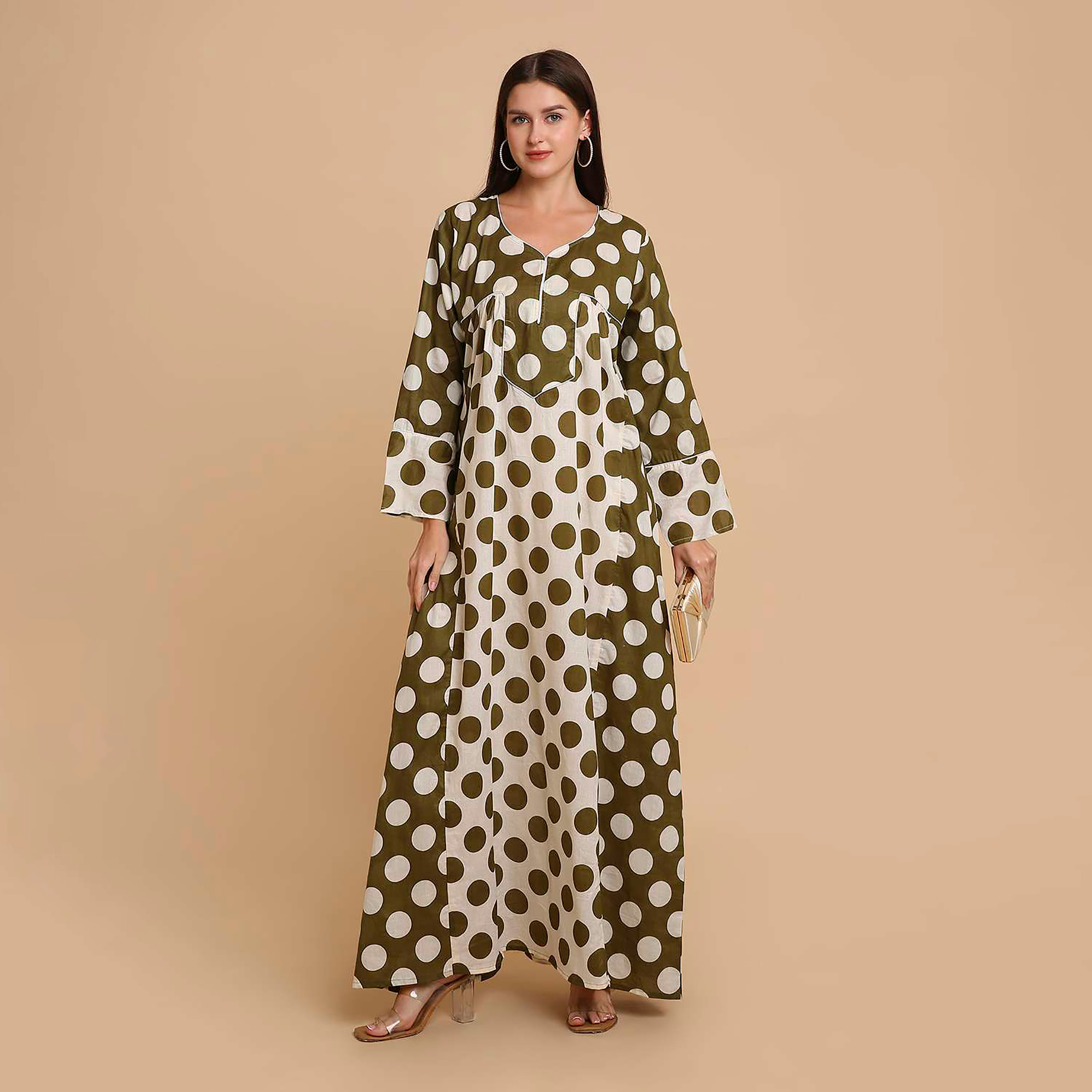 HanaandSara Polka Dot Wide Cuff Sleeves Cotton Women's Jalabiya-women-arabicclothing-jalabiyas-image-1
