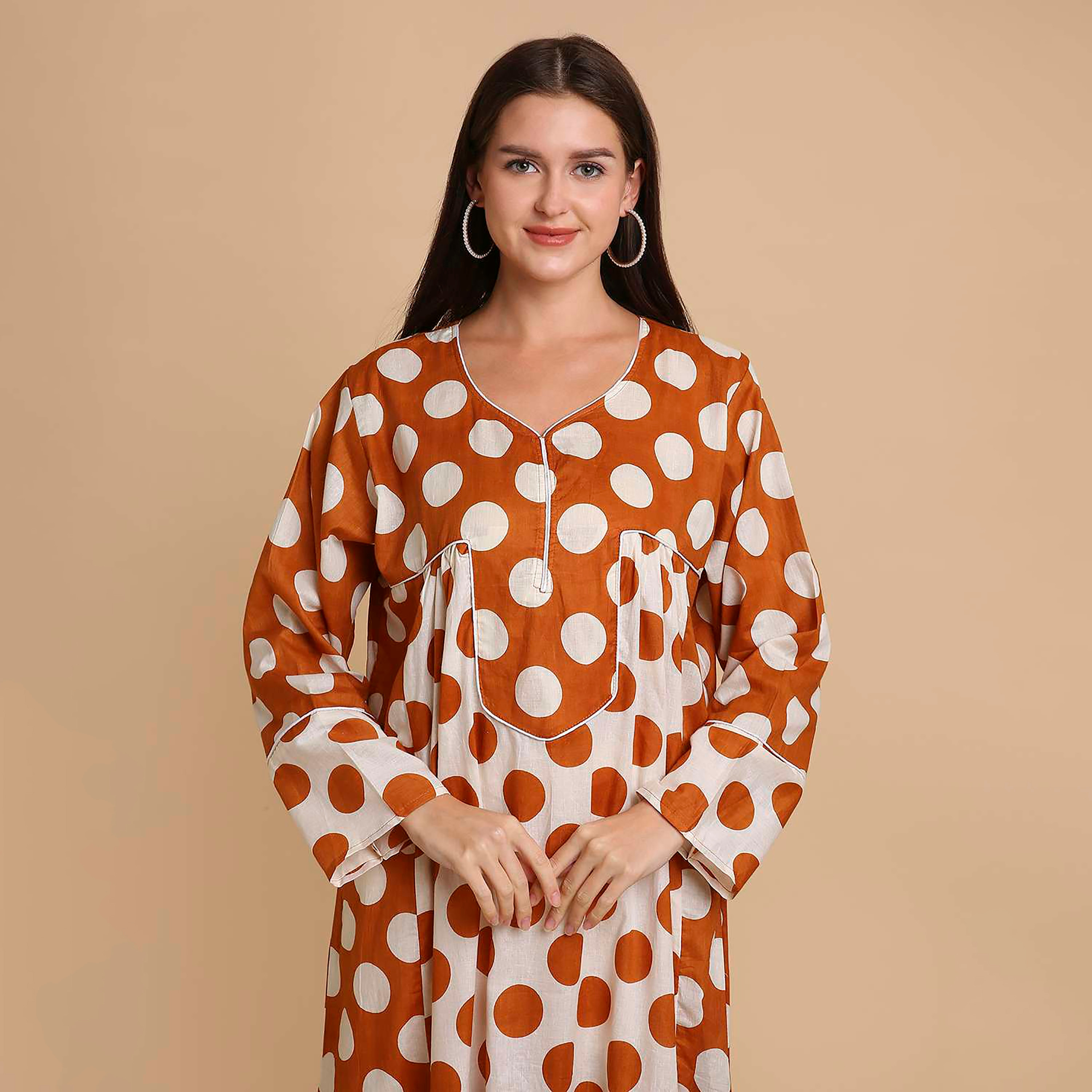 HanaandSara Polka Dot Wide Cuff Sleeves Cotton Women's Jalabiya-women-arabicclothing-jalabiyas-image-2
