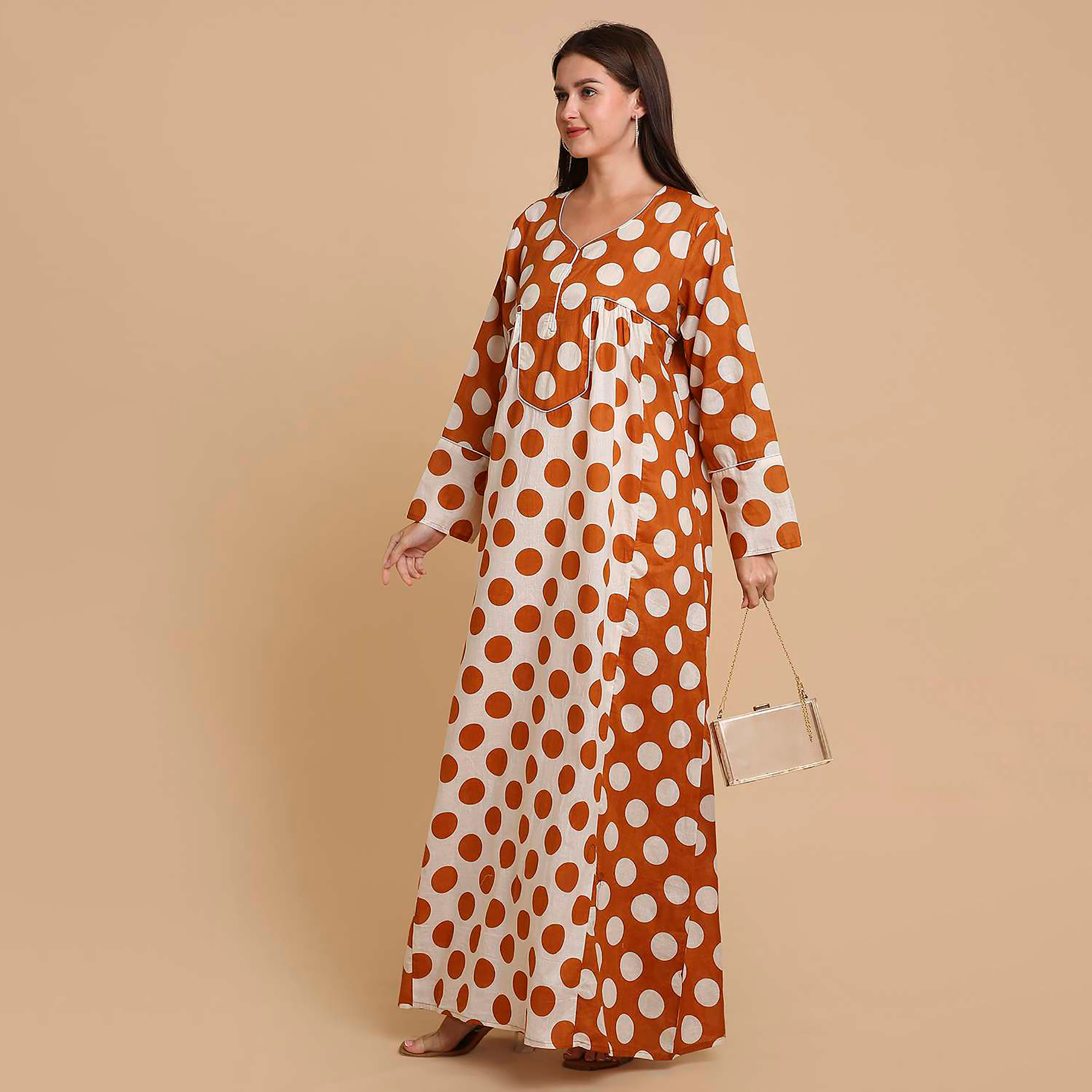 HanaandSara Polka Dot Wide Cuff Sleeves Cotton Women's Jalabiya-women-arabicclothing-jalabiyas-image-3