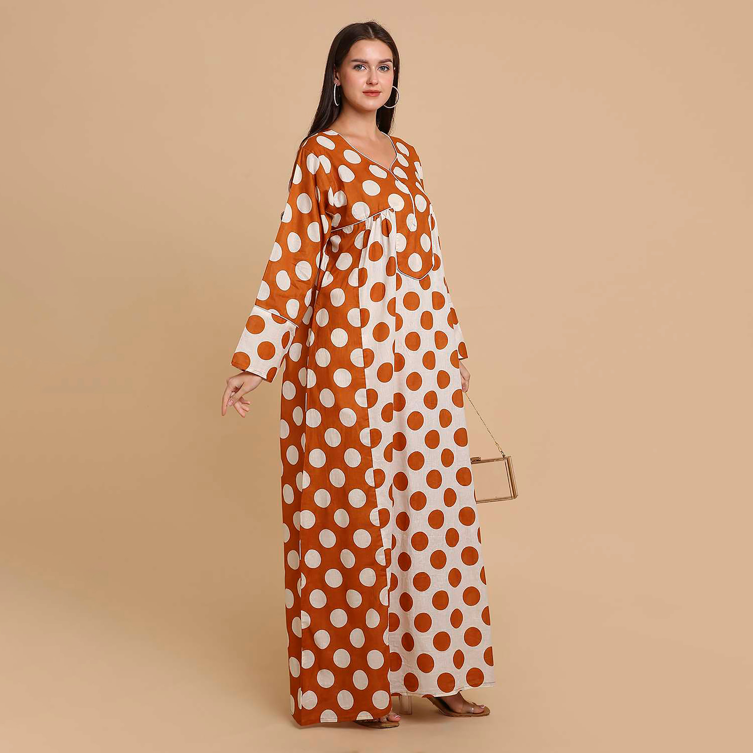 HanaandSara Polka Dot Wide Cuff Sleeves Cotton Women's Jalabiya-women-arabicclothing-jalabiyas-image-4