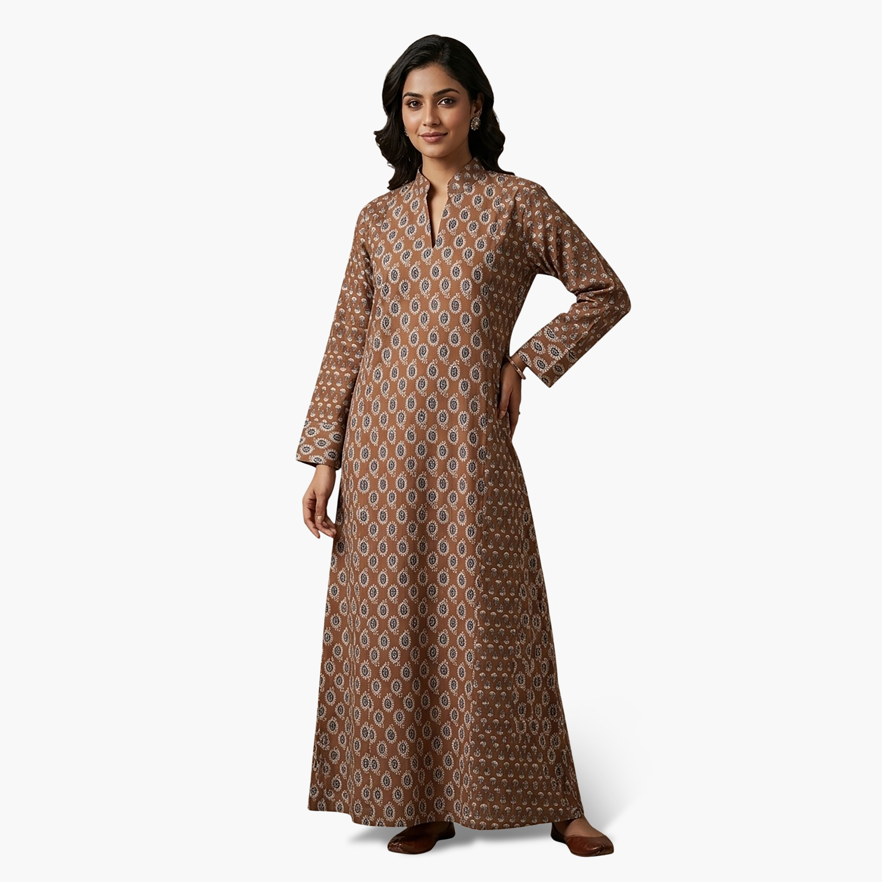 HanaandSara Paisley Print Mandarin Collar Cotton Women's Jalabiya-women-arabicclothing-jalabiyas-image-1