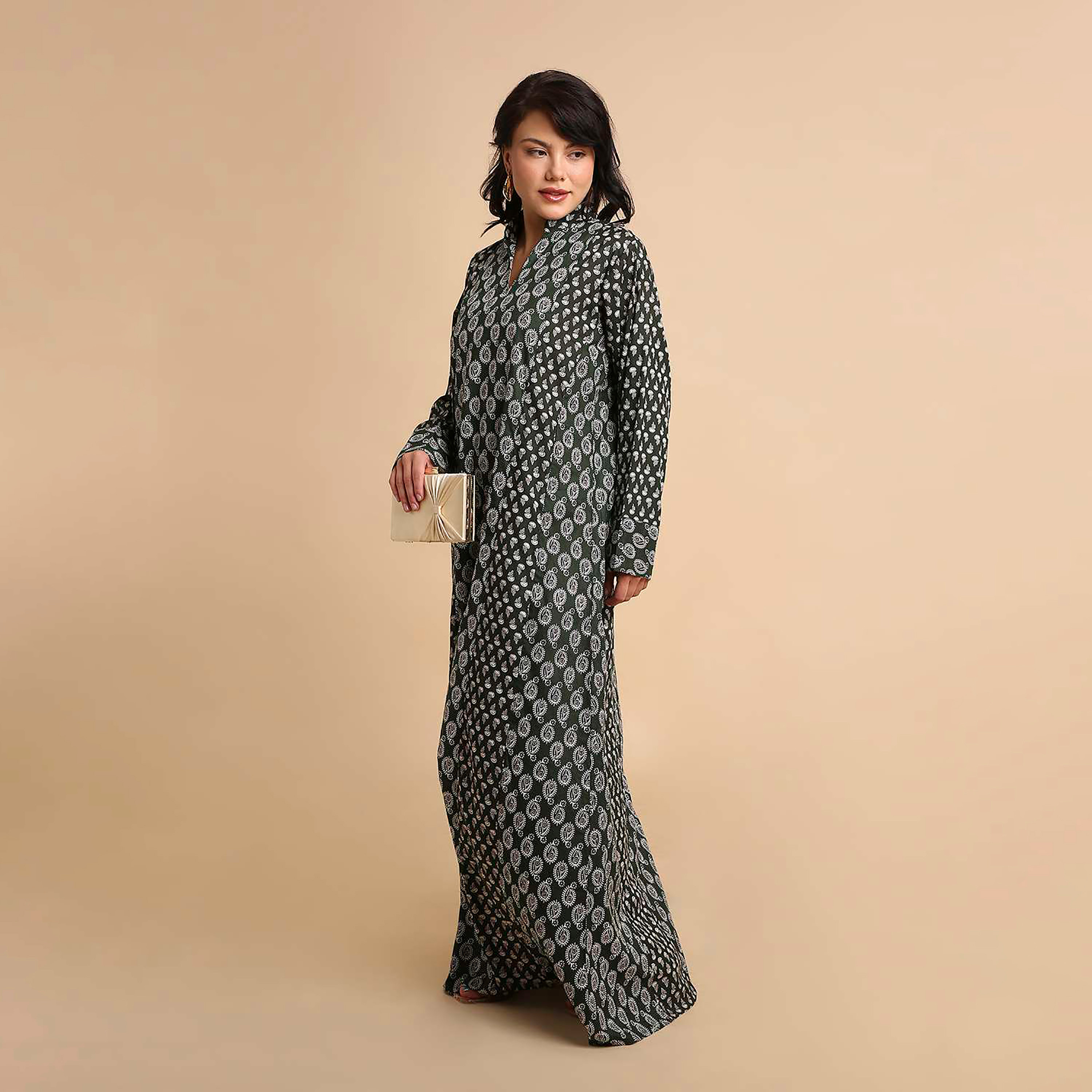 HanaandSara Paisley Print Mandarin Collar Cotton Women's Jalabiya-women-arabicclothing-jalabiyas-image-3