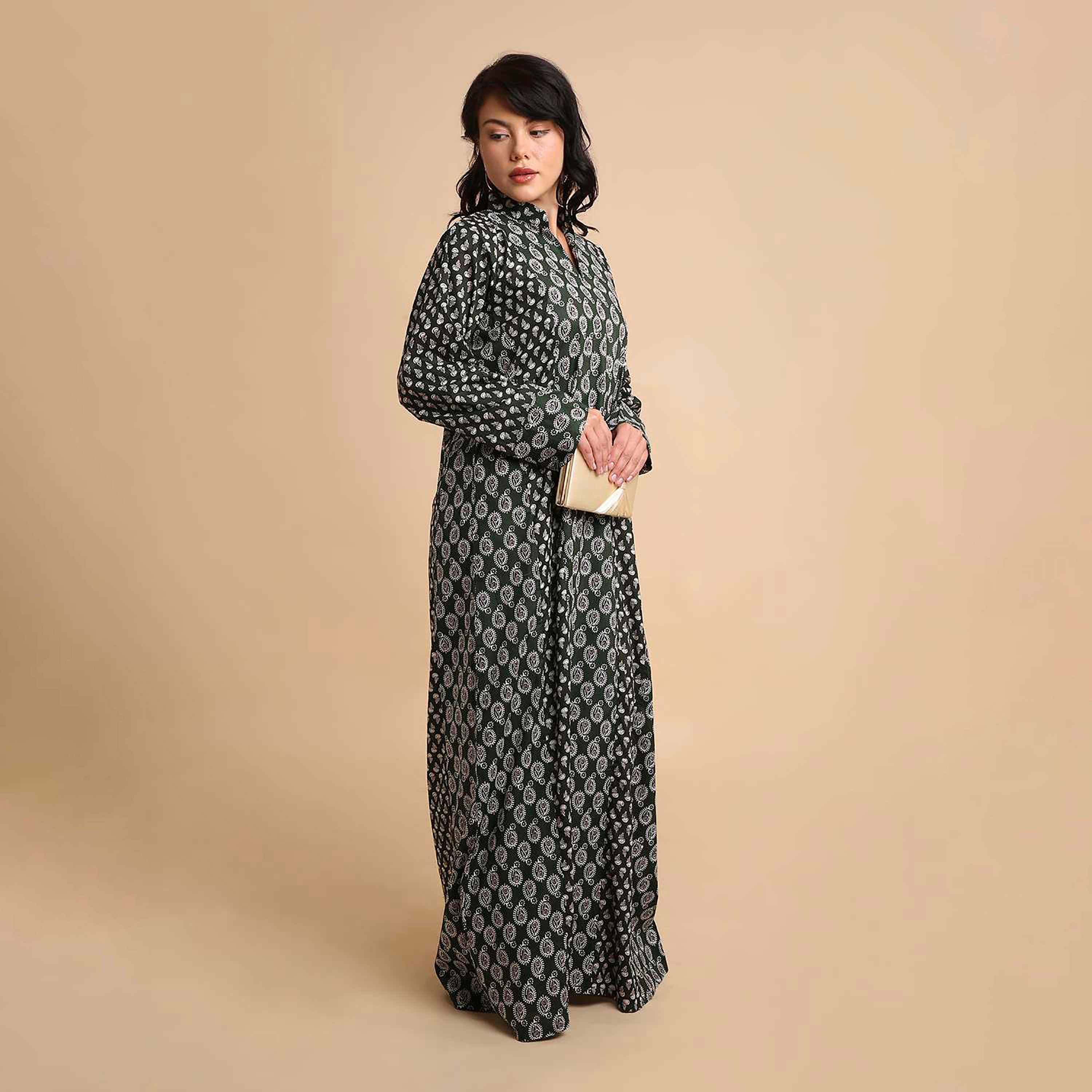 HanaandSara Paisley Print Mandarin Collar Cotton Women's Jalabiya-women-arabicclothing-jalabiyas-image-4