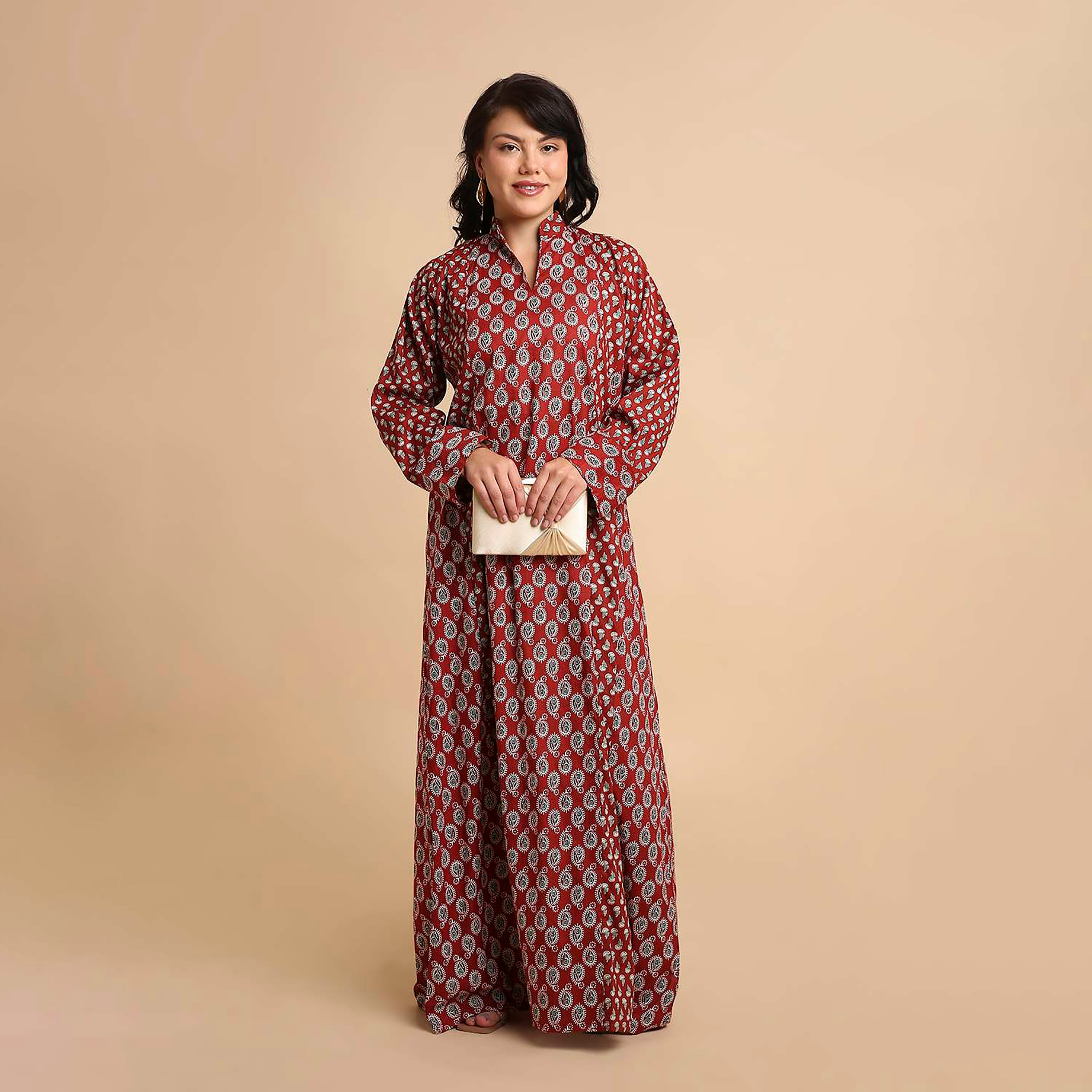 HanaandSara Paisley Print Mandarin Collar Cotton Women's Jalabiya-women-arabicclothing-jalabiyas-image-6