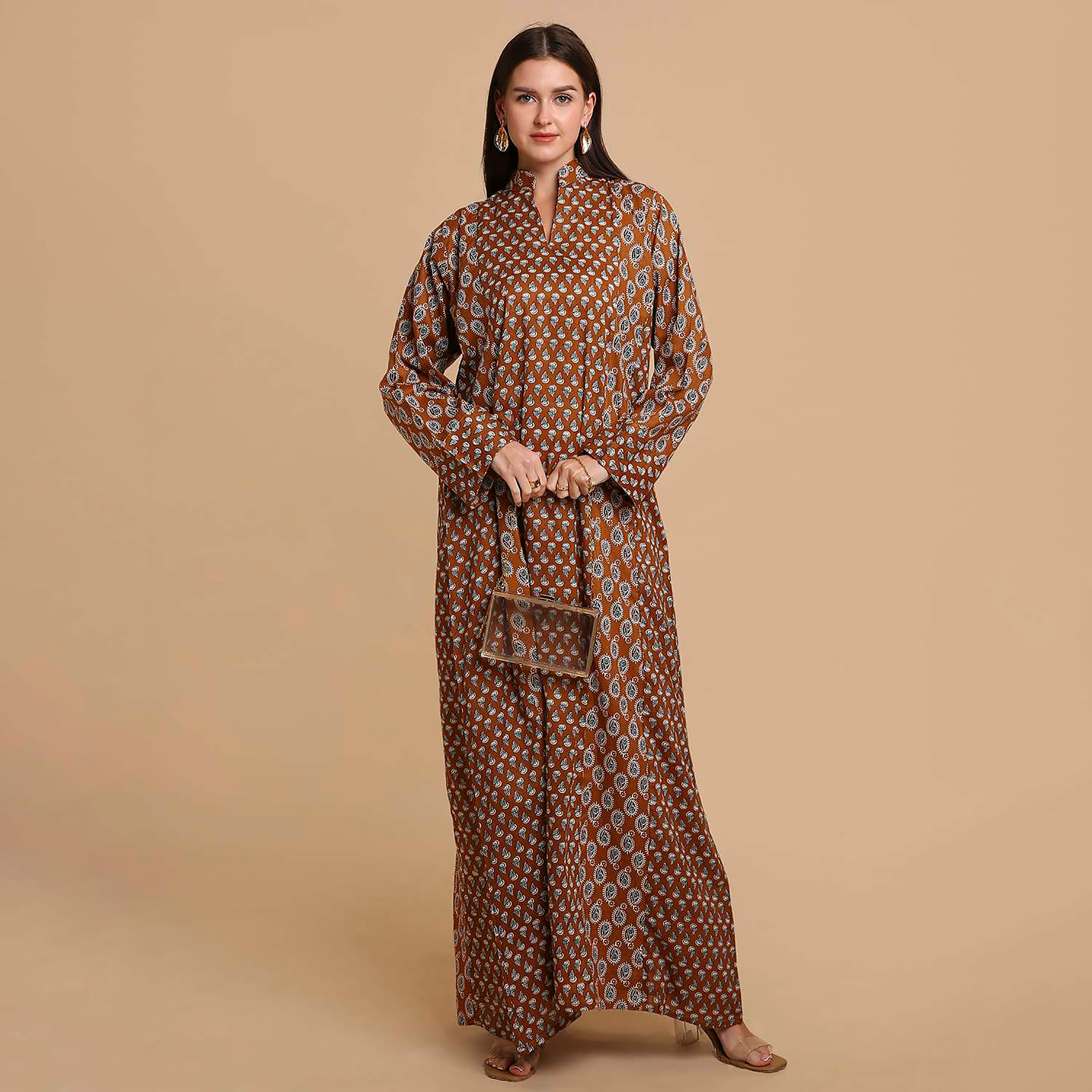 جلابية نسائية قطنية بنقشة بيزلي صغيرة (بوتى) وياقة ماندارين (صينية) من هنا آند سارة-women-arabicclothing-jalabiyas-image-16