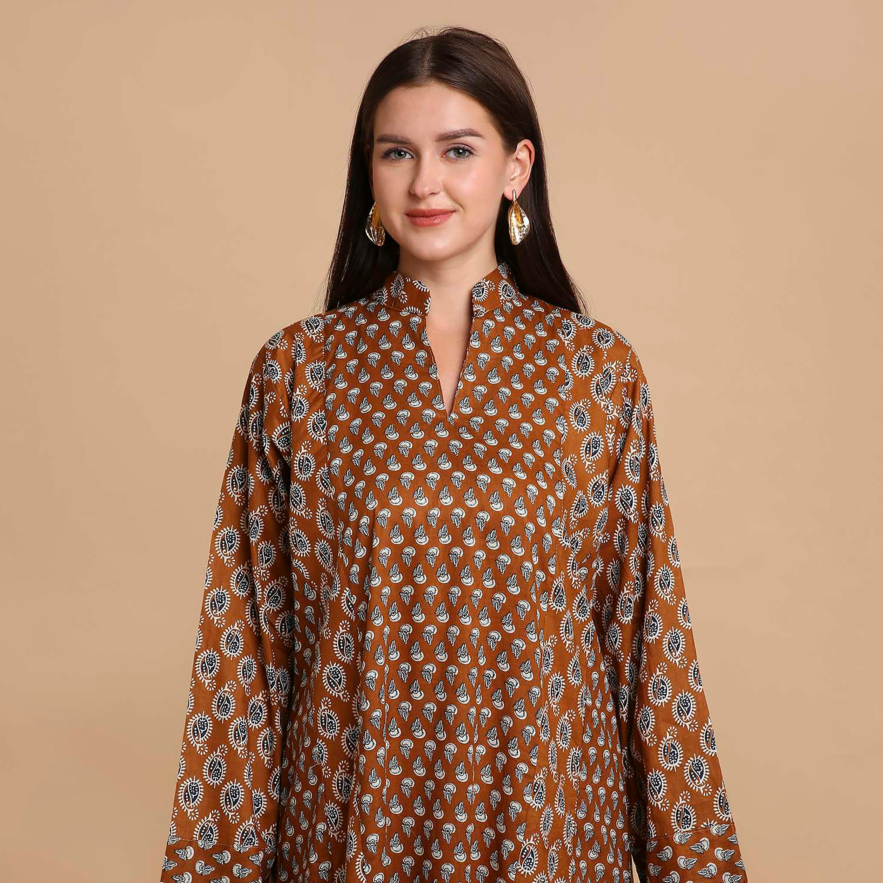 جلابية نسائية قطنية بنقشة بيزلي صغيرة (بوتى) وياقة ماندارين (صينية) من هنا آند سارة-women-arabicclothing-jalabiyas-image-17