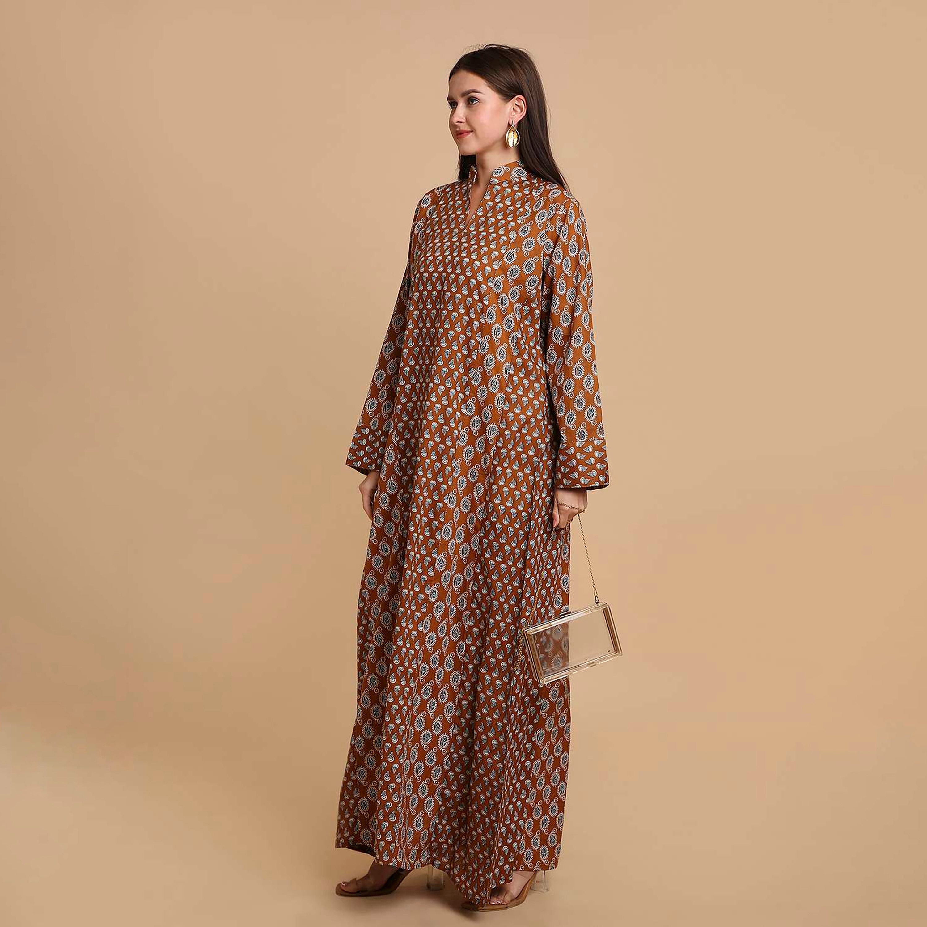 جلابية نسائية قطنية بنقشة بيزلي صغيرة (بوتى) وياقة ماندارين (صينية) من هنا آند سارة-women-arabicclothing-jalabiyas-image-18