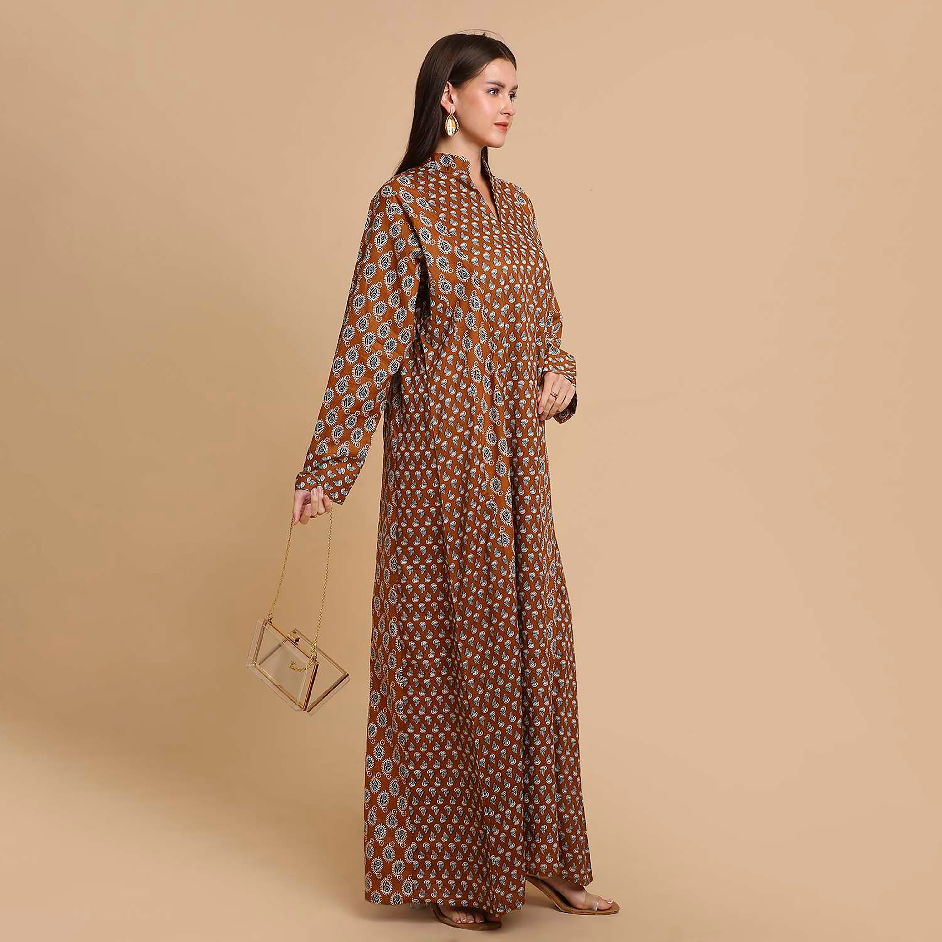 جلابية نسائية قطنية بنقشة بيزلي صغيرة (بوتى) وياقة ماندارين (صينية) من هنا آند سارة-women-arabicclothing-jalabiyas-image-19