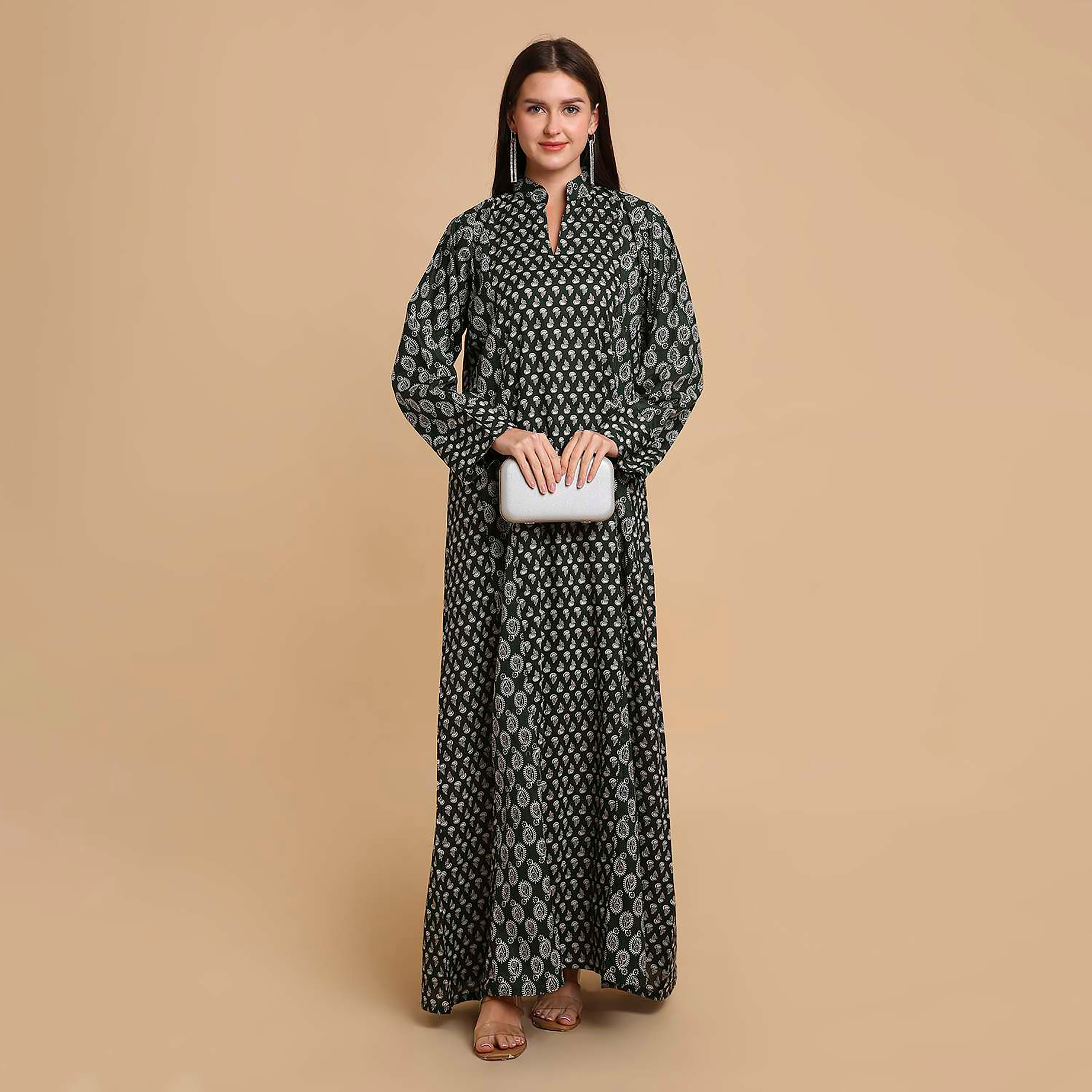 جلابية نسائية قطنية بنقشة بيزلي صغيرة (بوتى) وياقة ماندارين (صينية) من هنا آند سارة-women-arabicclothing-jalabiyas-image-1