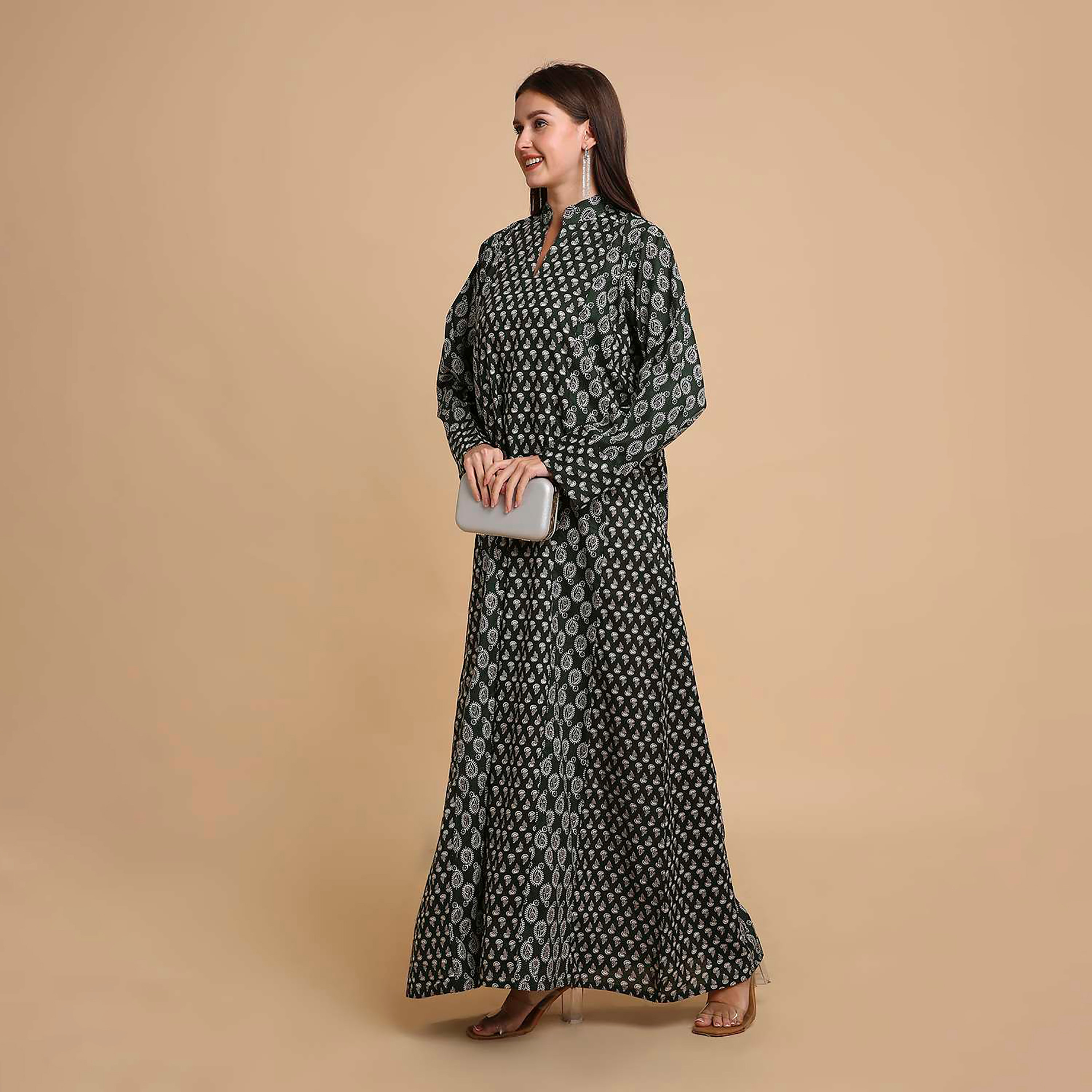 جلابية نسائية قطنية بنقشة بيزلي صغيرة (بوتى) وياقة ماندارين (صينية) من هنا آند سارة-women-arabicclothing-jalabiyas-image-3