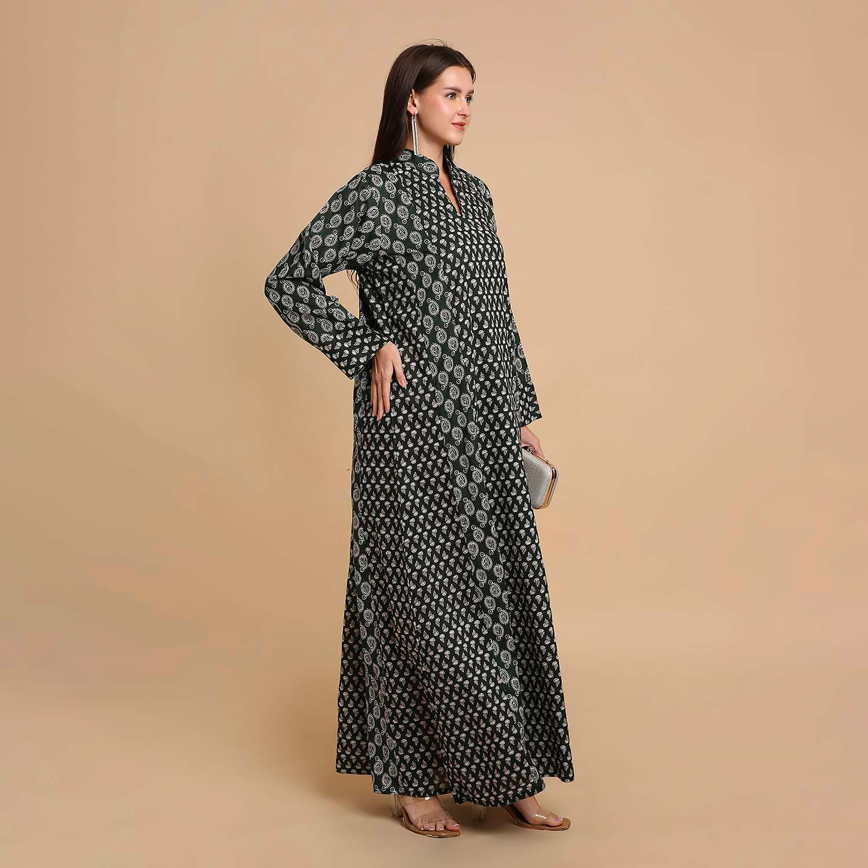 جلابية نسائية قطنية بنقشة بيزلي صغيرة (بوتى) وياقة ماندارين (صينية) من هنا آند سارة-women-arabicclothing-jalabiyas-image-4