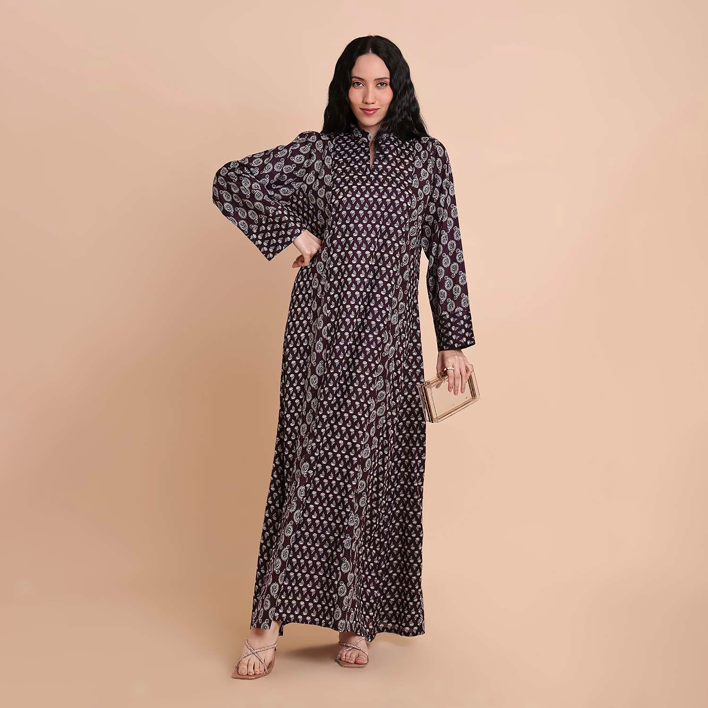 HanaandSara Paisley Booti Print Mandarin Collar Cotton Women's Jalabiya-women-arabicclothing-jalabiyas-image-1