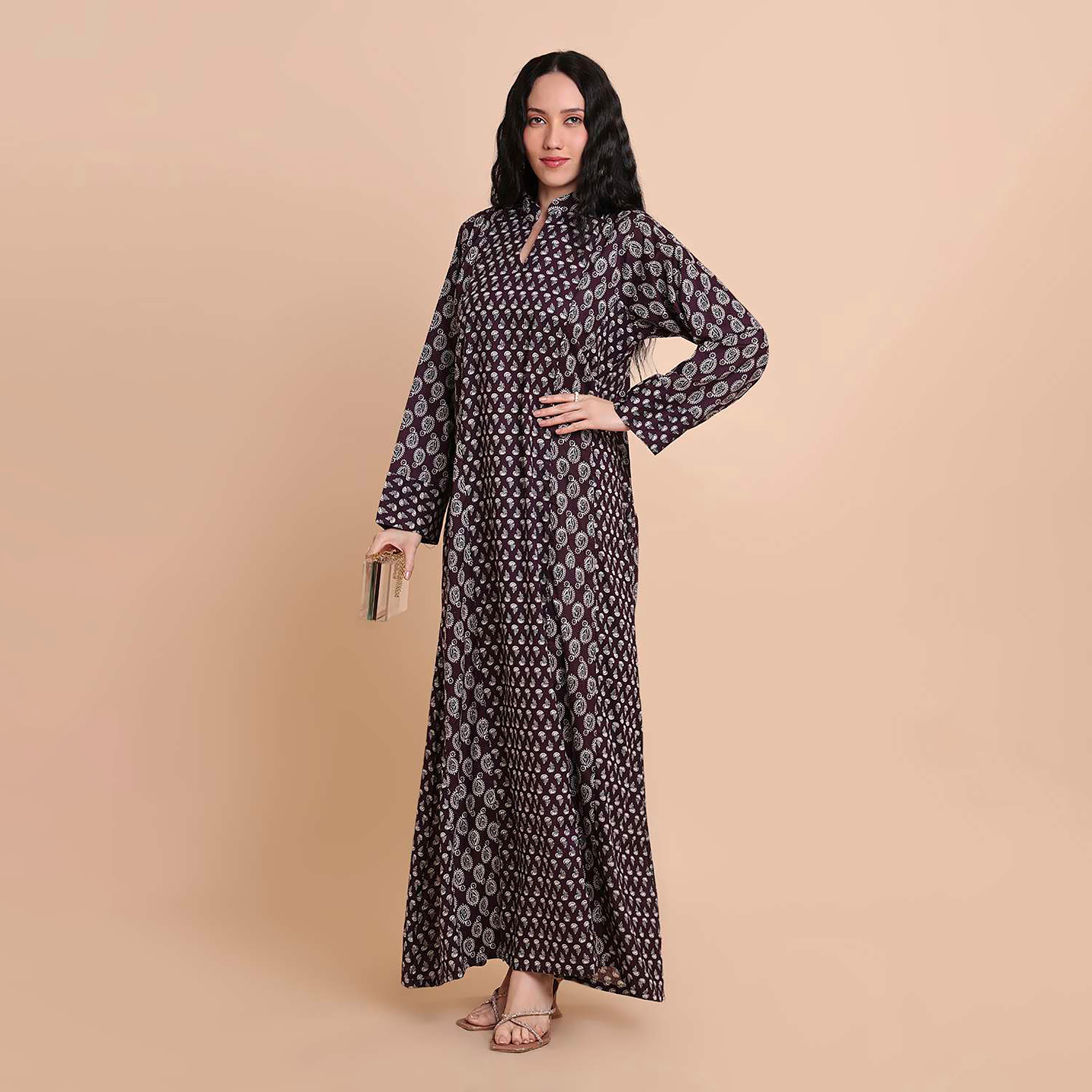 HanaandSara Paisley Booti Print Mandarin Collar Cotton Women's Jalabiya-women-arabicclothing-jalabiyas-image-3