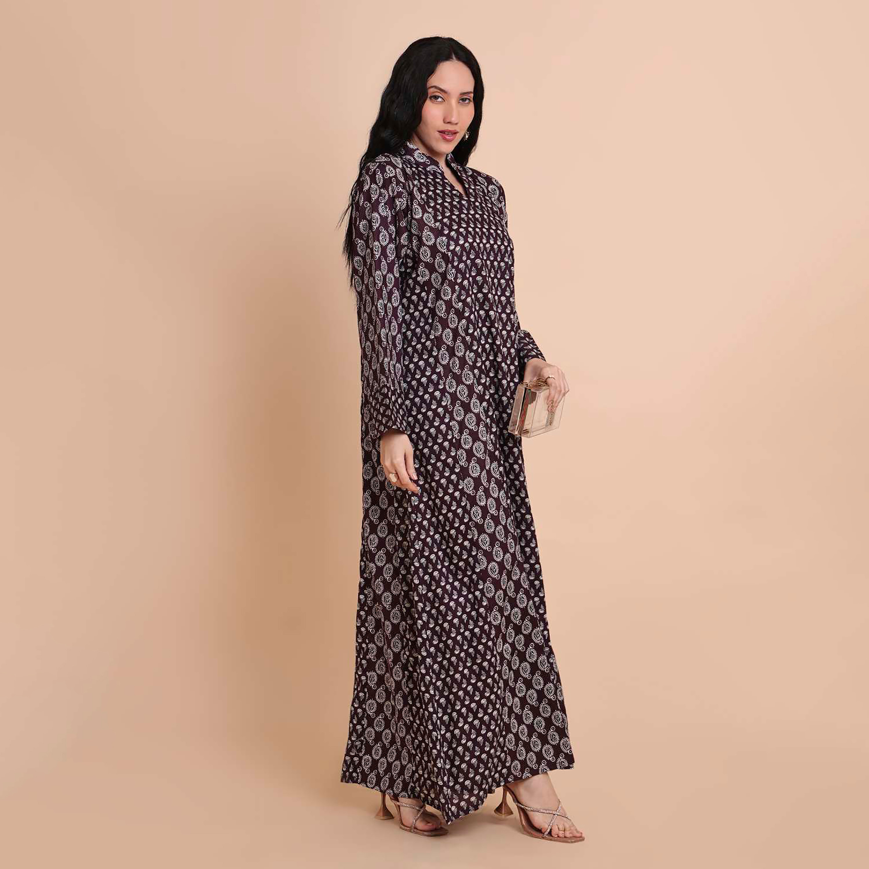HanaandSara Paisley Booti Print Mandarin Collar Cotton Women's Jalabiya-women-arabicclothing-jalabiyas-image-4