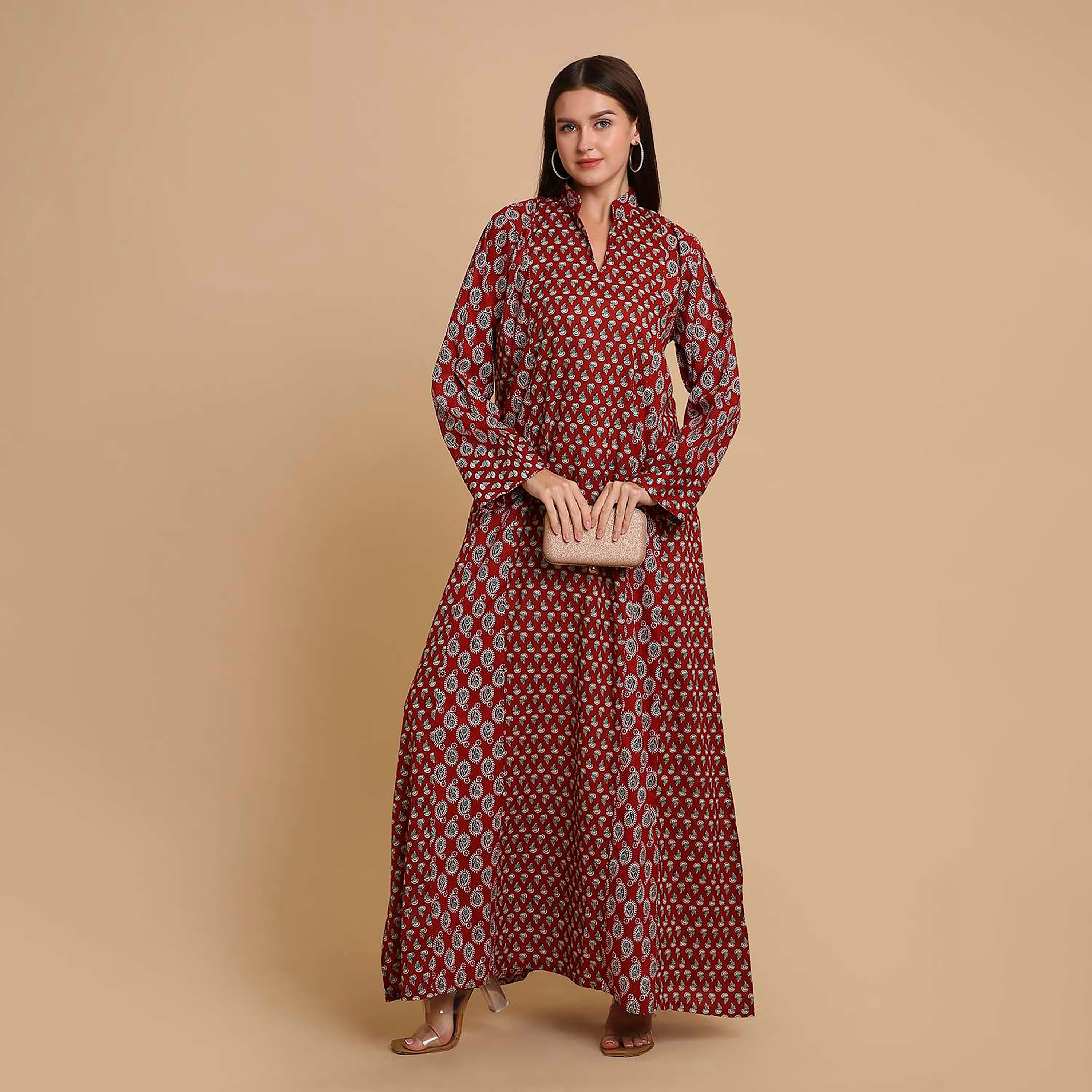 جلابية نسائية قطنية بنقشة بيزلي صغيرة (بوتى) وياقة ماندارين (صينية) من هنا آند سارة-women-arabicclothing-jalabiyas-image-6