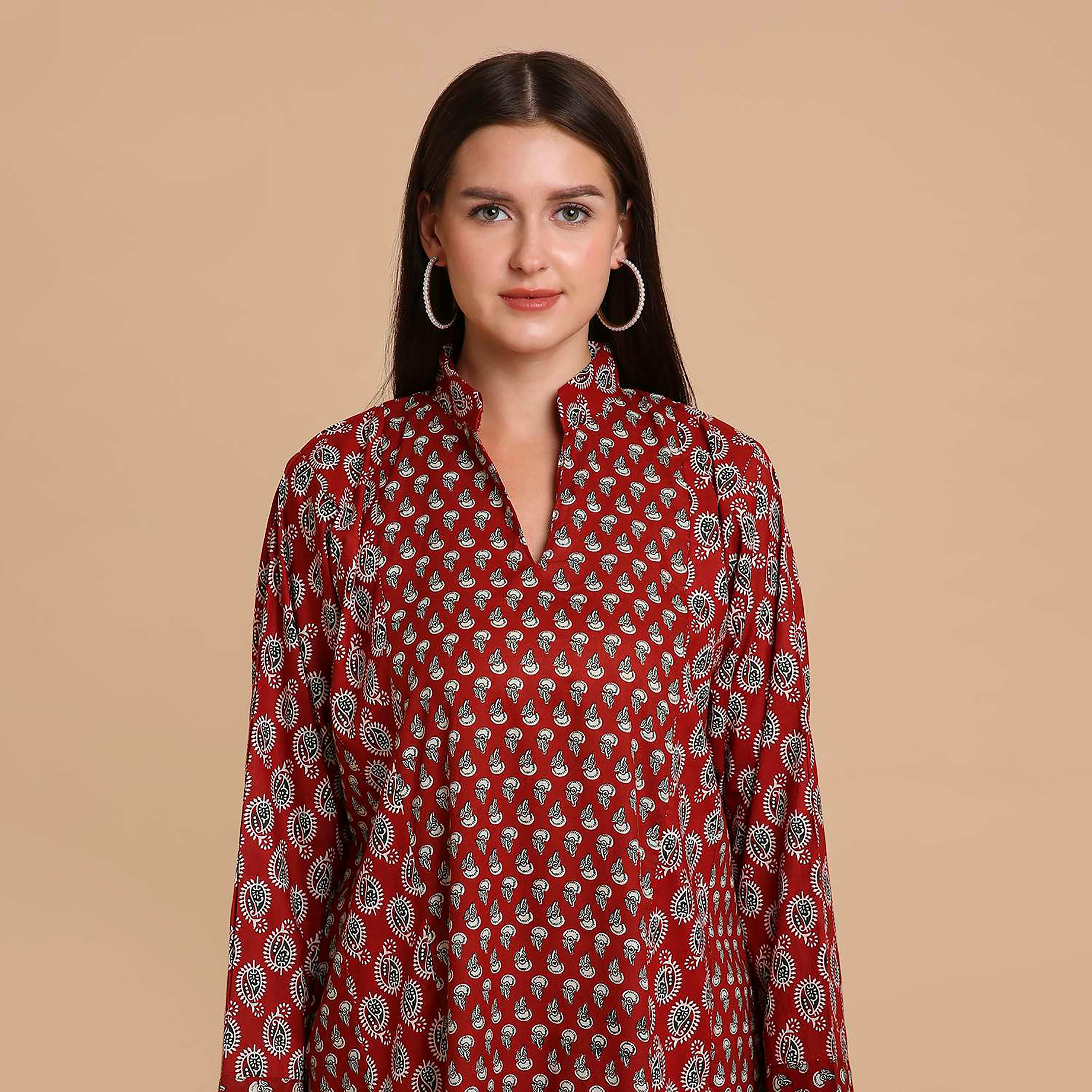جلابية نسائية قطنية بنقشة بيزلي صغيرة (بوتى) وياقة ماندارين (صينية) من هنا آند سارة-women-arabicclothing-jalabiyas-image-7
