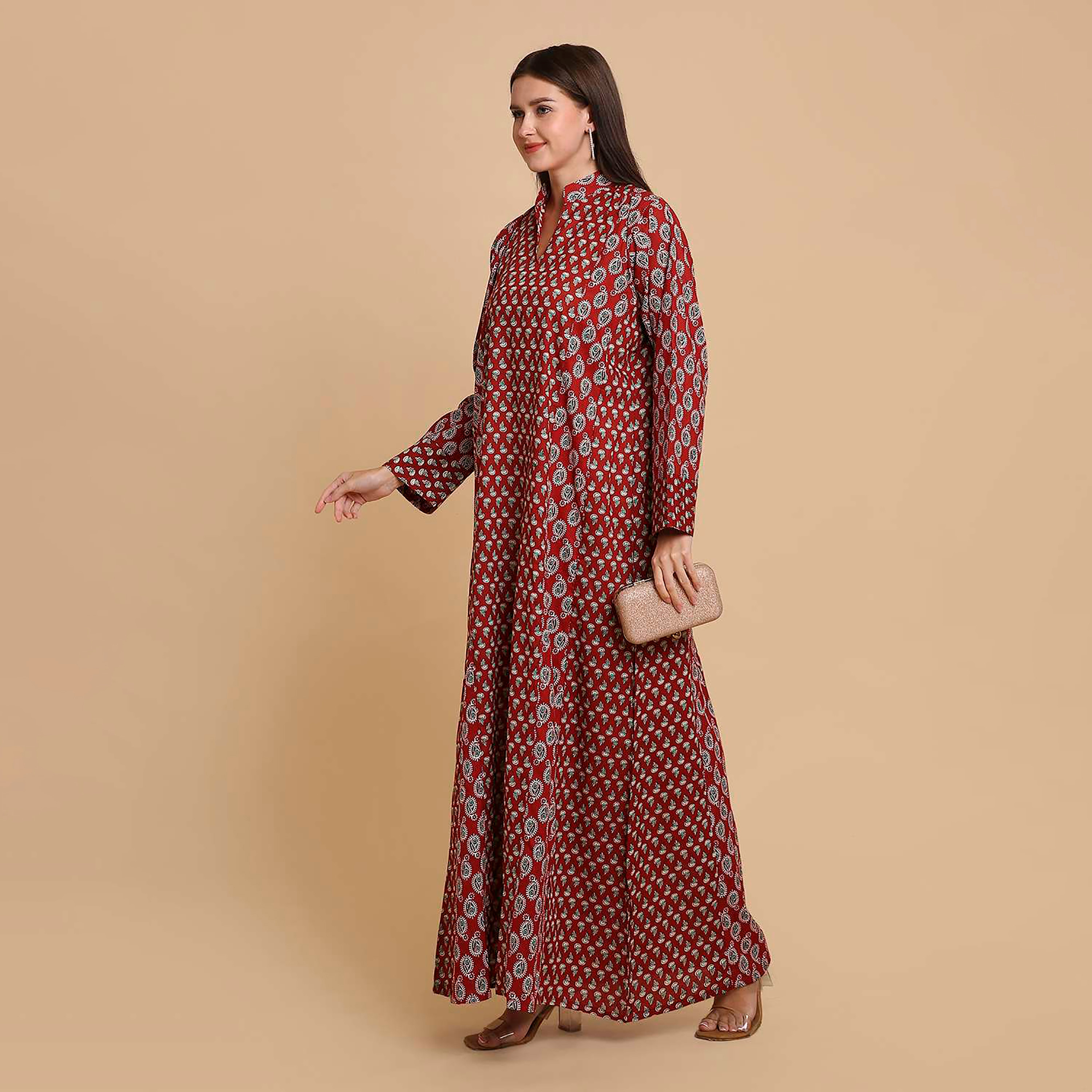 جلابية نسائية قطنية بنقشة بيزلي صغيرة (بوتى) وياقة ماندارين (صينية) من هنا آند سارة-women-arabicclothing-jalabiyas-image-8