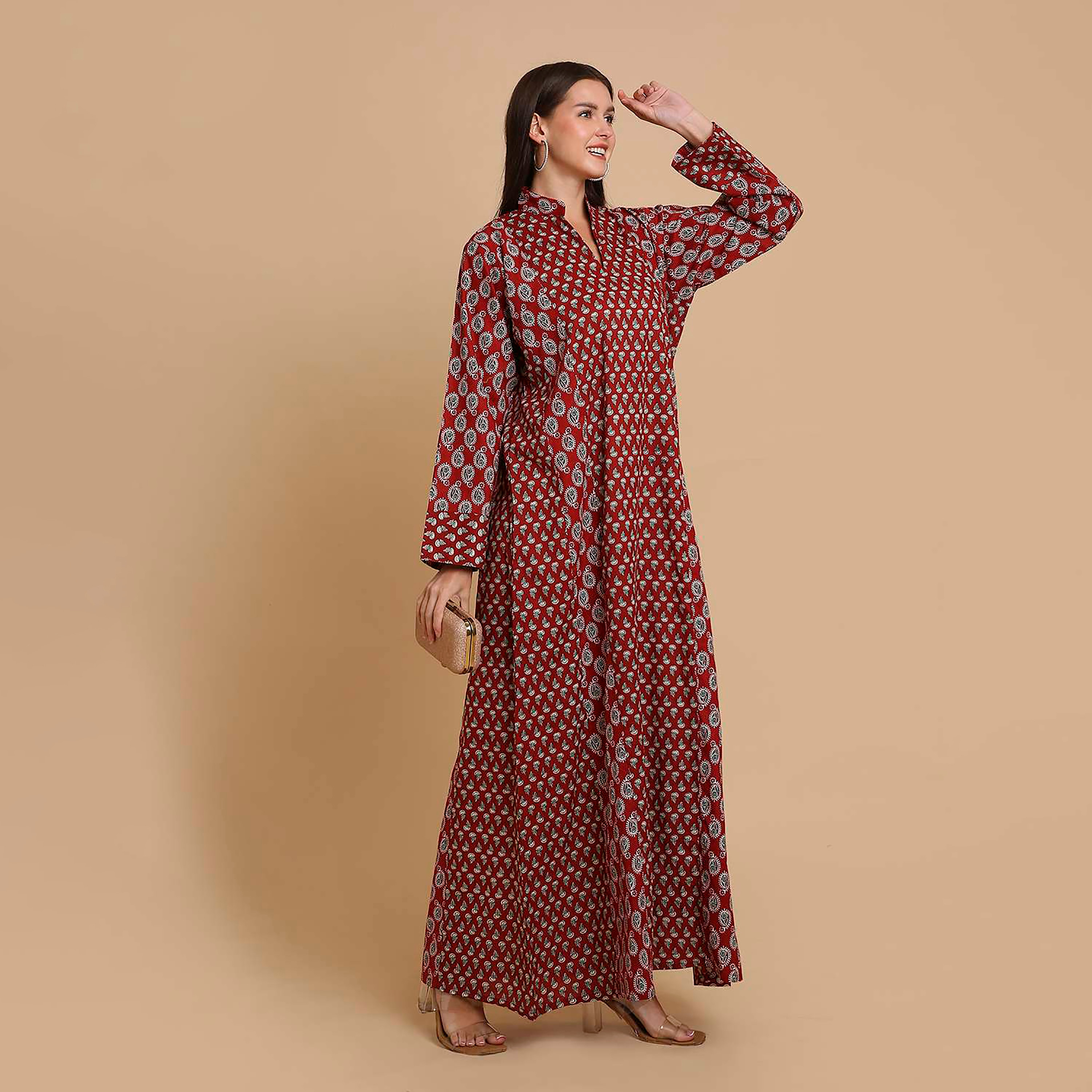 جلابية نسائية قطنية بنقشة بيزلي صغيرة (بوتى) وياقة ماندارين (صينية) من هنا آند سارة-women-arabicclothing-jalabiyas-image-9
