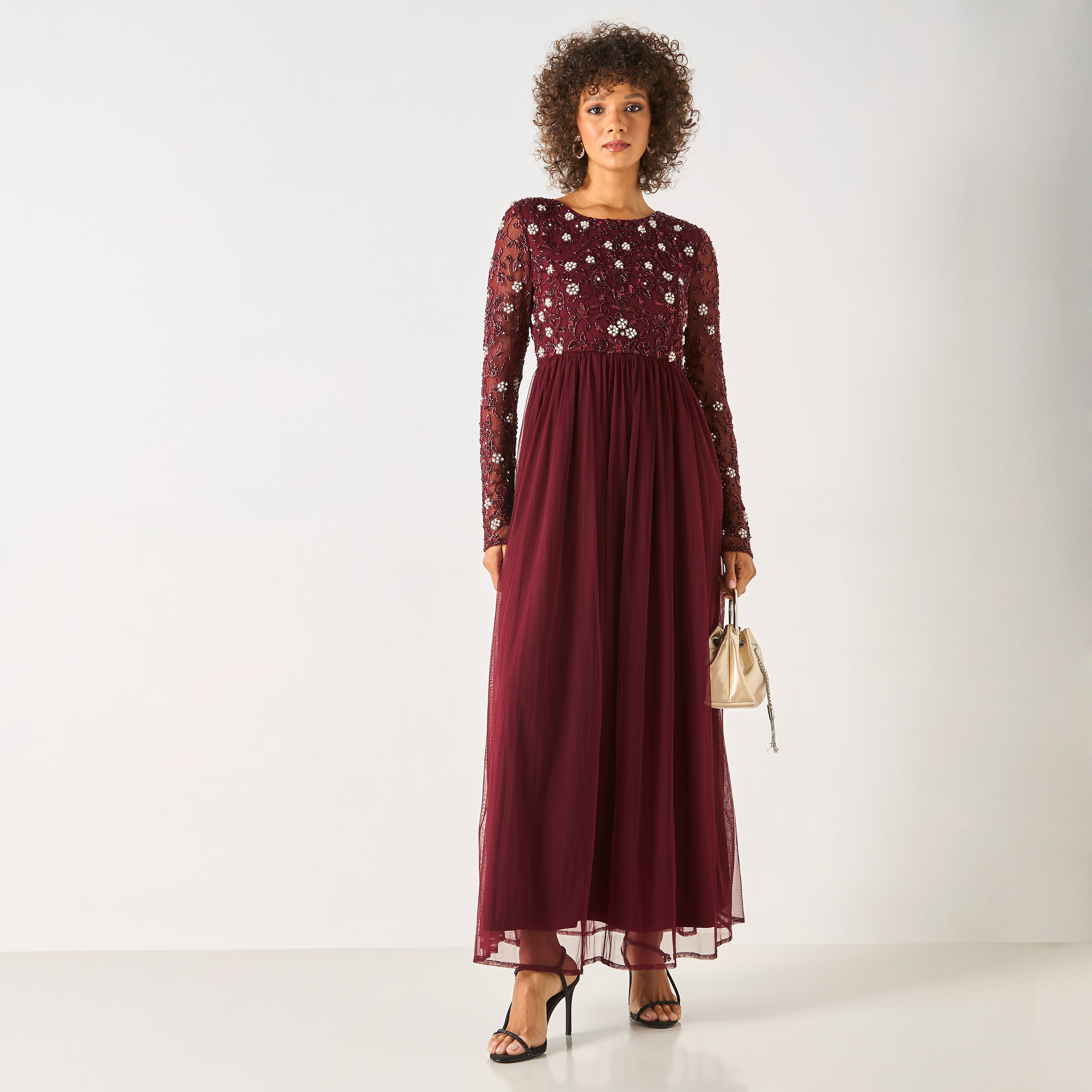 CHARME Embellished Round Neck Maxi Dress with Long Sleeves-women-clothing-dresses-image-1