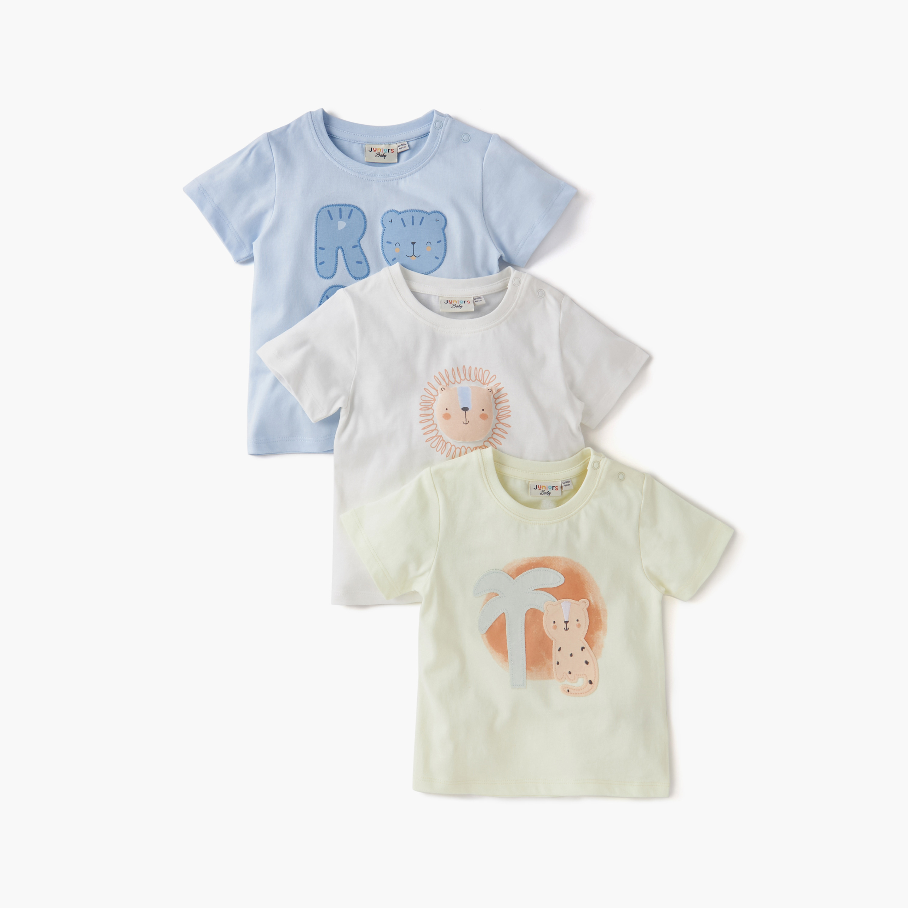 Juniors Animal Print Crew Neck T-shirt with Short Sleeves and Button Closure - Set of 3-baby-boys-clothing-tshirtsandpolos-image-1