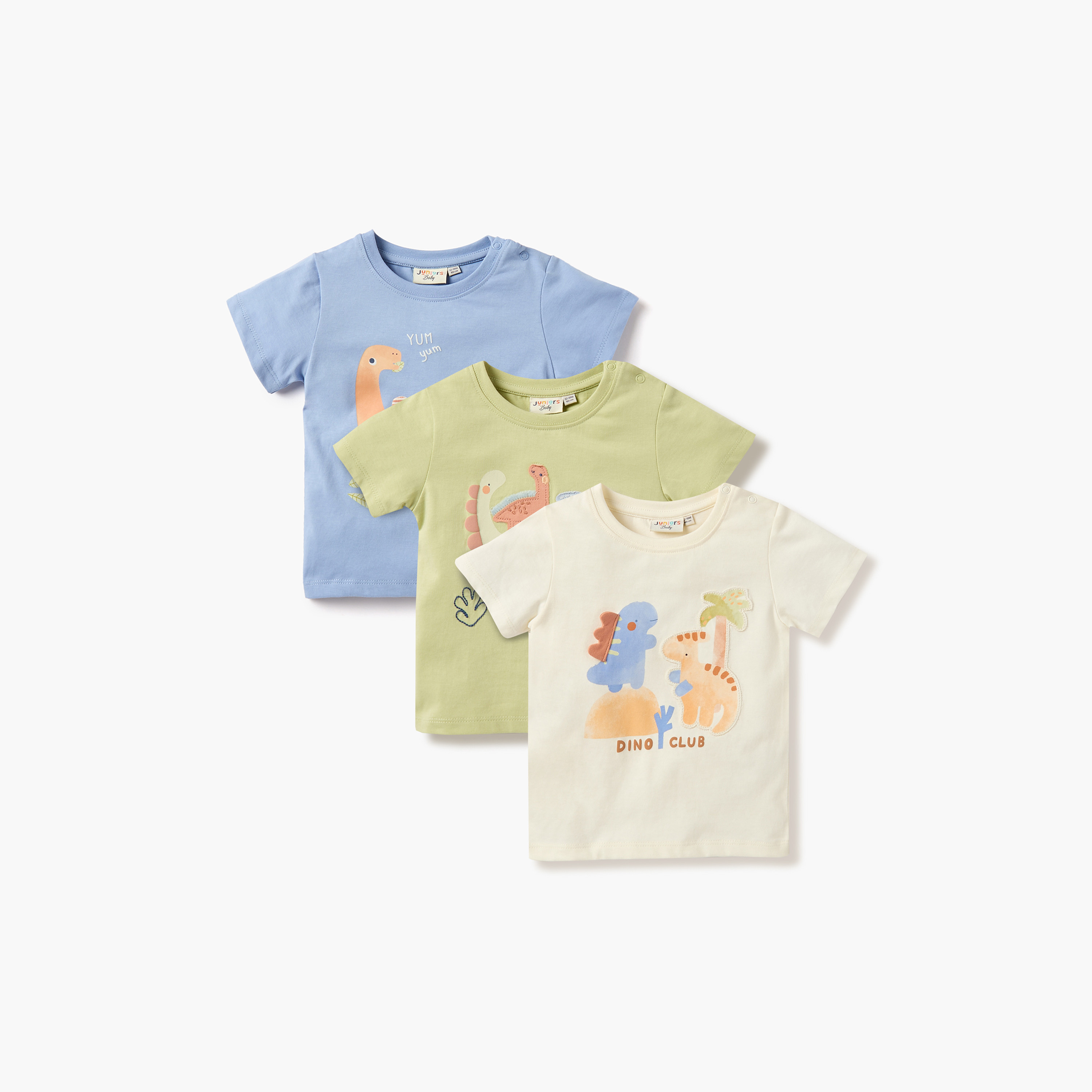 Juniors Dino Print Crew Neck T-shirt with Button Closure - Set of 3-baby-boys-clothing-tshirtsandpolos-image-1