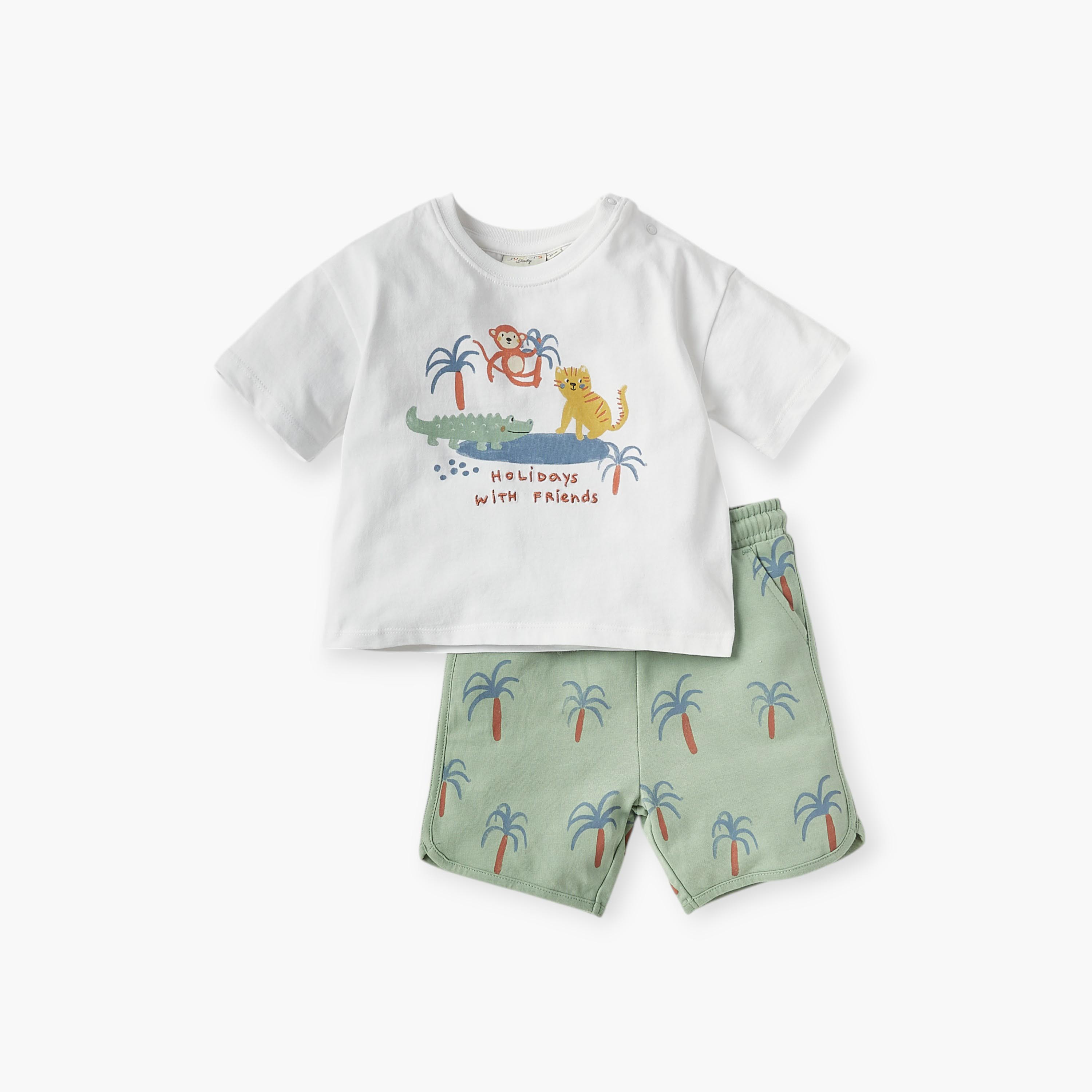 Juniors Graphic Print Crew Neck T-shirt and Elasticated Shorts Set-baby-boys-clothing-setsandcoords-image-1