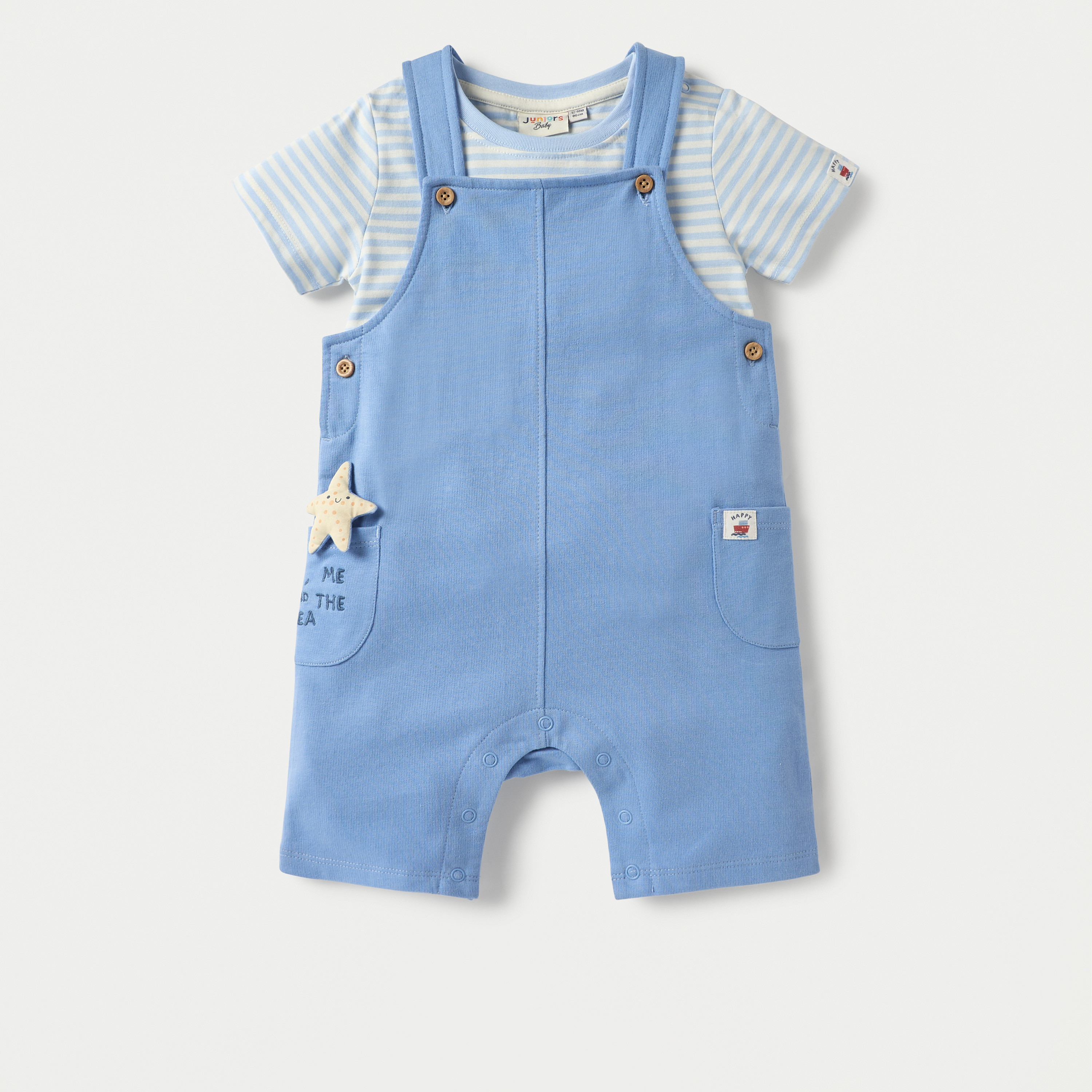 Juniors Striped T-shirt and Starfish Applique Dungaree Set-baby-boys-clothing-setsandcoords-image-1