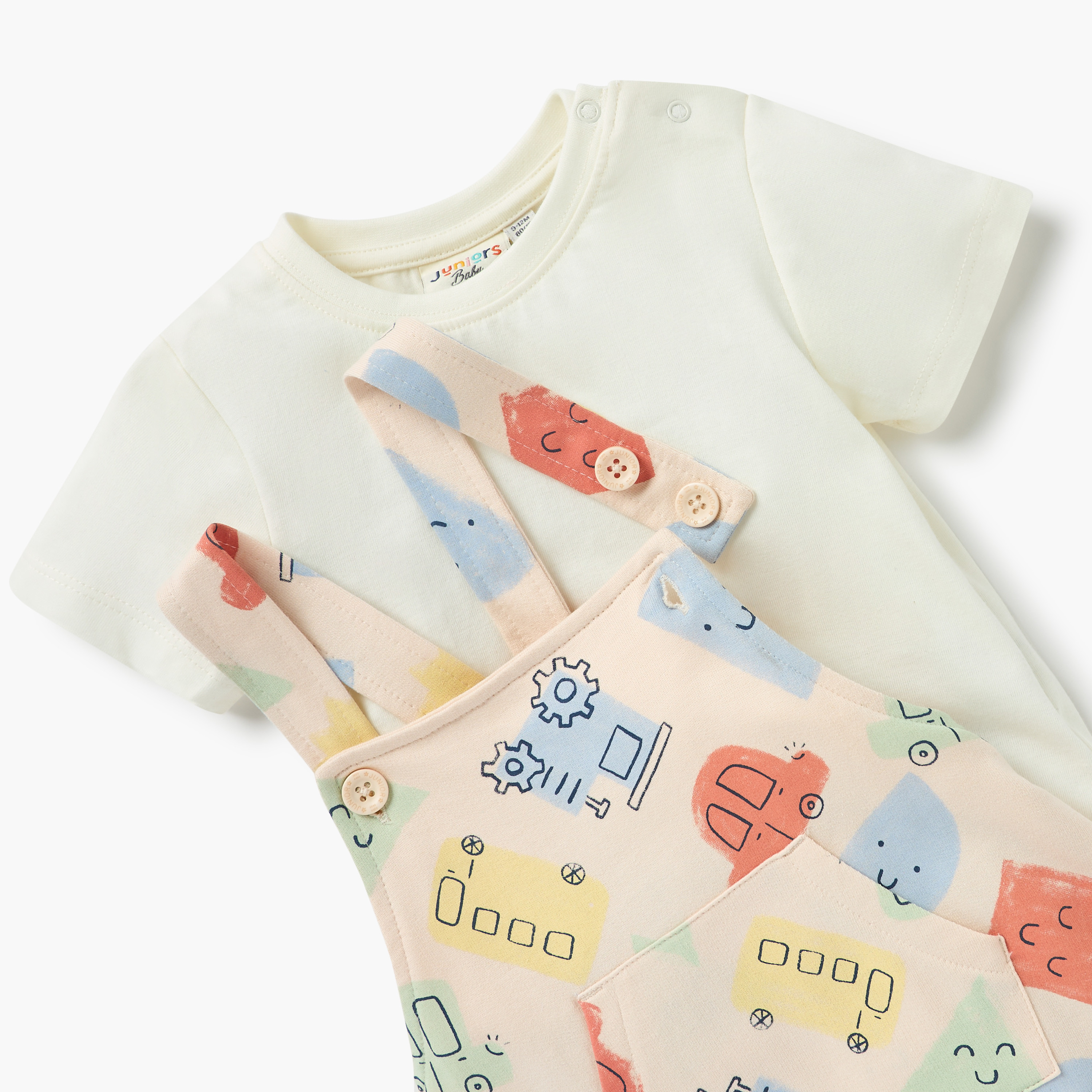 Juniors Solid T-shirt and Printed Dungaree Set-baby-boys-clothing-setsandcoords-image-3