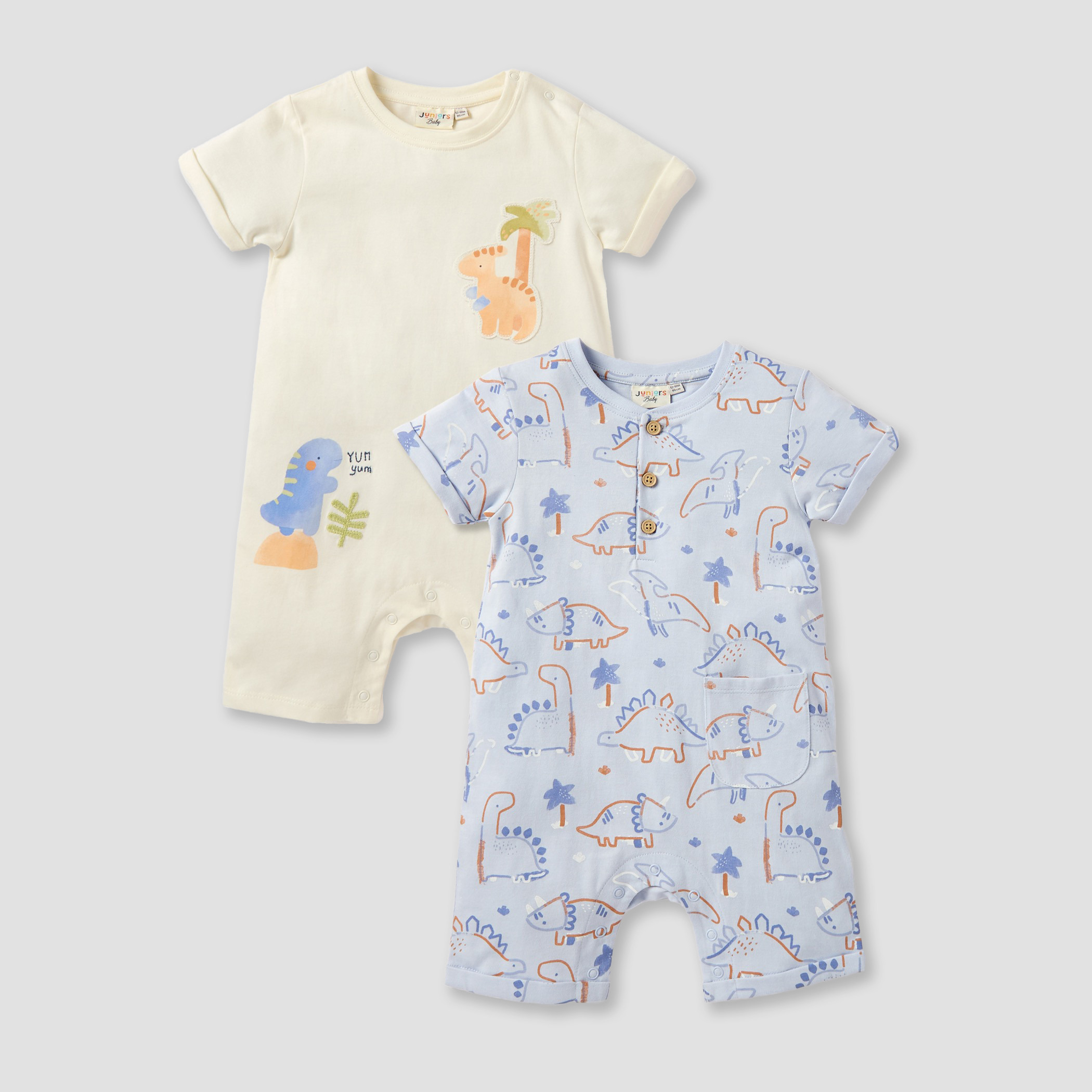 Juniors Dinosaur Print Romper with Crew Neck - Set of 2-baby-boys-clothing-multipacks-image-1