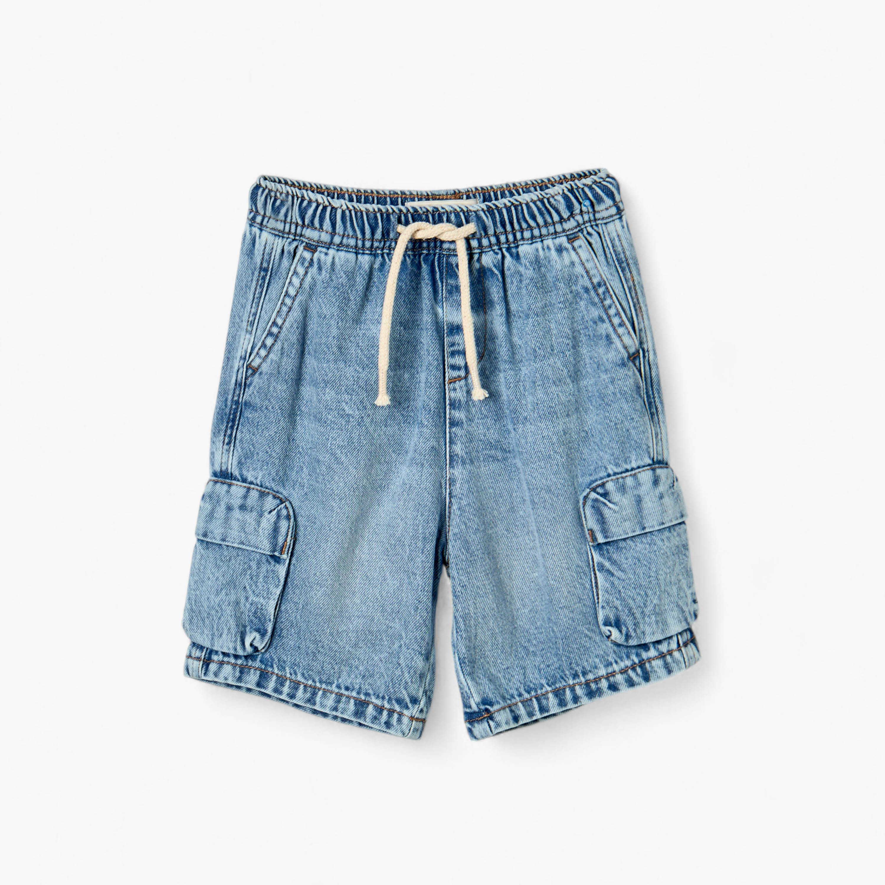 Juniors Solid Denim Shorts with Elasticated Drawstring Closure and Pockets-baby-boys-clothing-bottoms-shorts-image-1