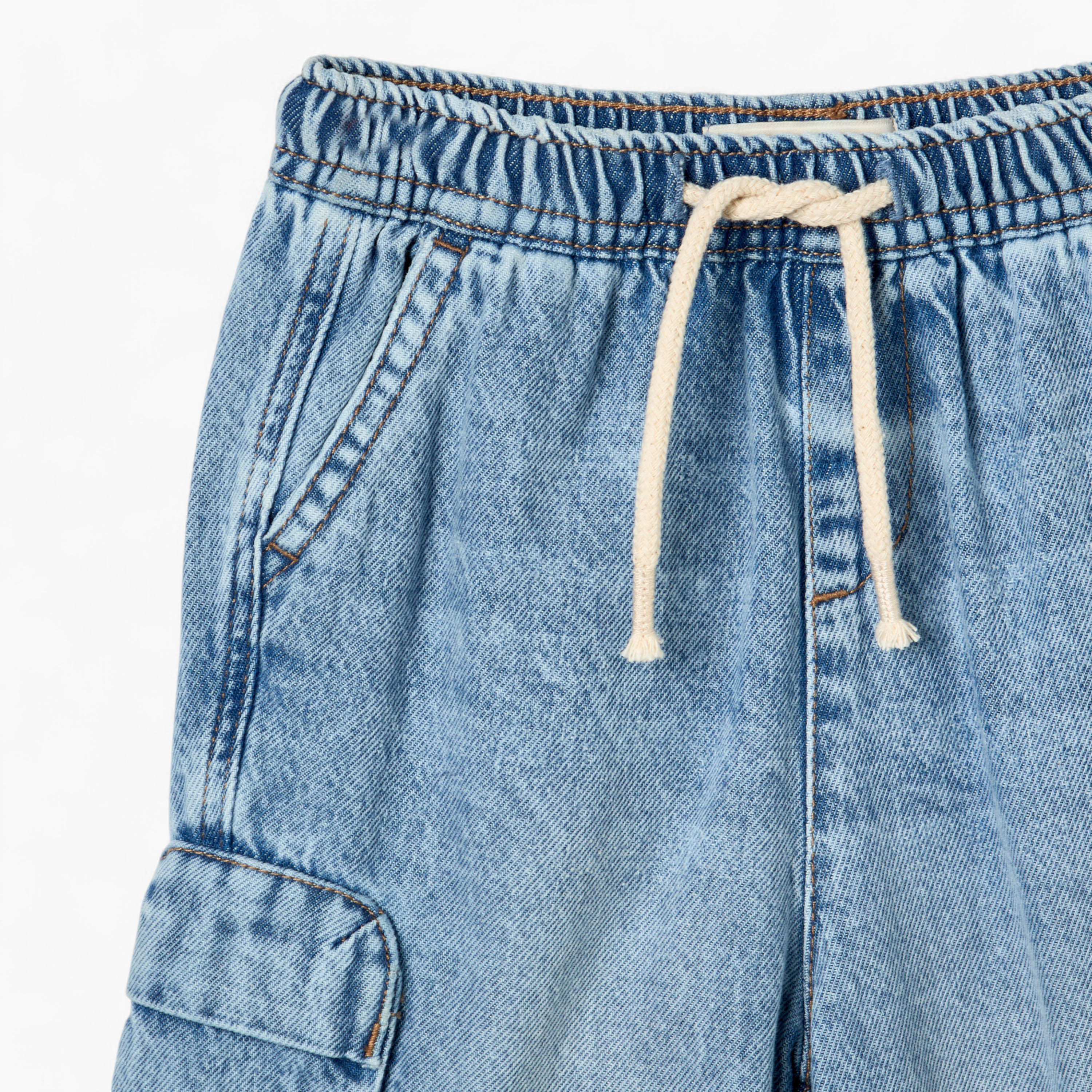 Juniors Solid Denim Shorts with Elasticated Drawstring Closure and Pockets-baby-boys-clothing-bottoms-shorts-image-2
