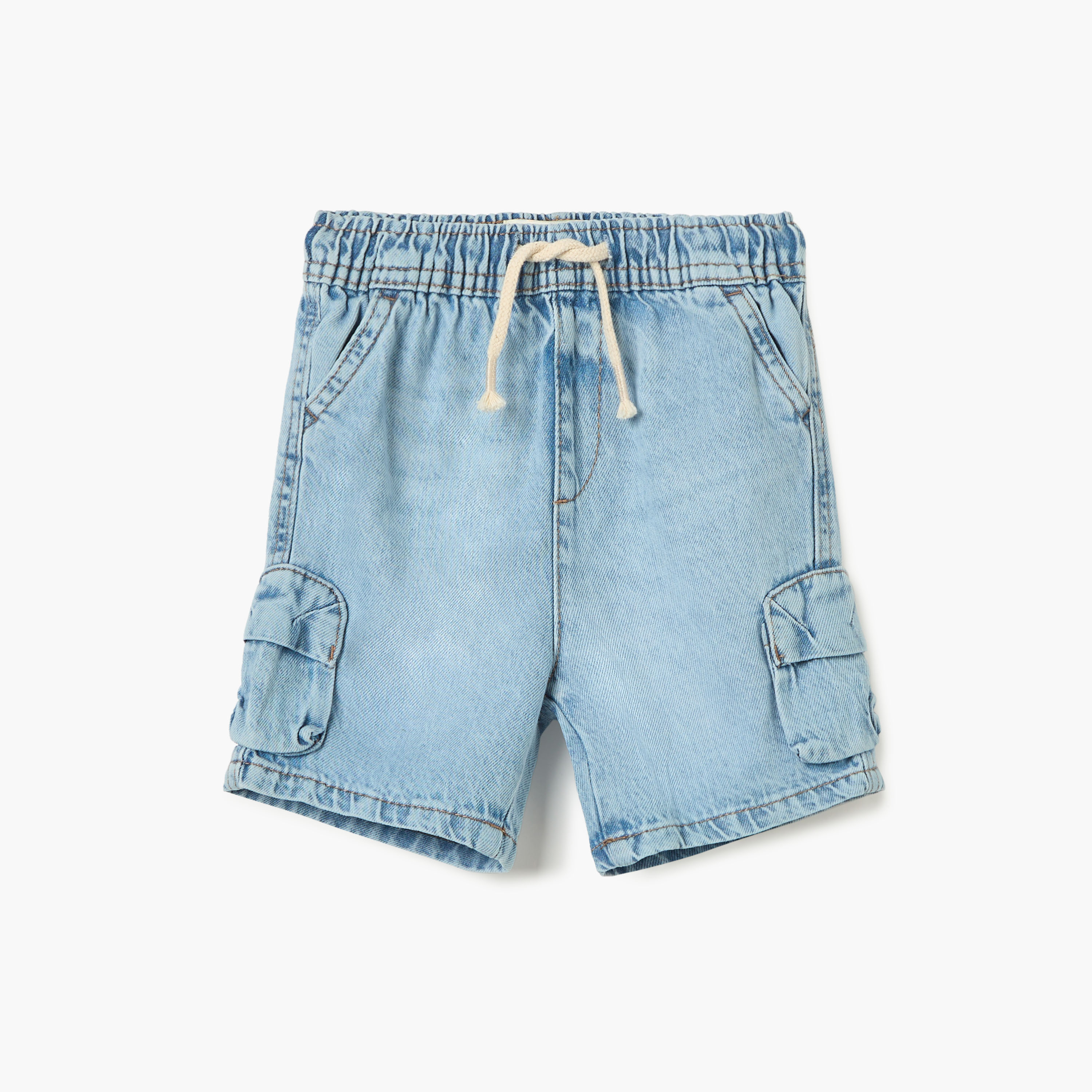 Juniors Solid Denim Shorts with Elasticated Drawstring Closure and Pockets-baby-boys-clothing-bottoms-shorts-image-1