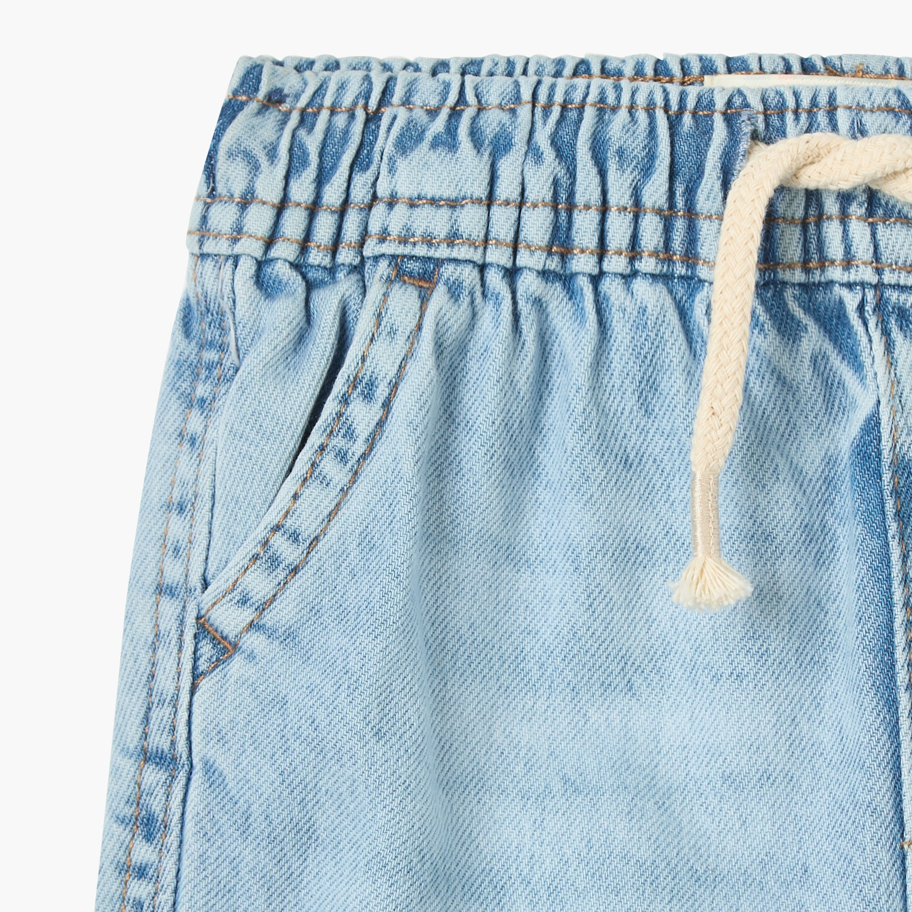 Juniors Solid Denim Shorts with Elasticated Drawstring Closure and Pockets-baby-boys-clothing-bottoms-shorts-image-3