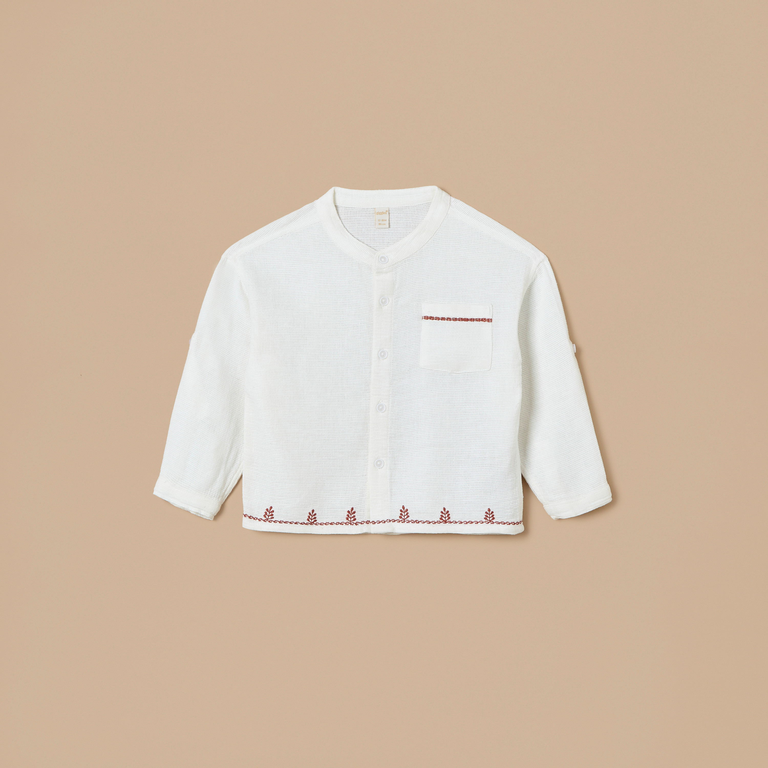 Giggles Embroidered Mandarin Collar Shirt with Button Closure and Front Pocket-baby-boys-clothing-shirts-image-1